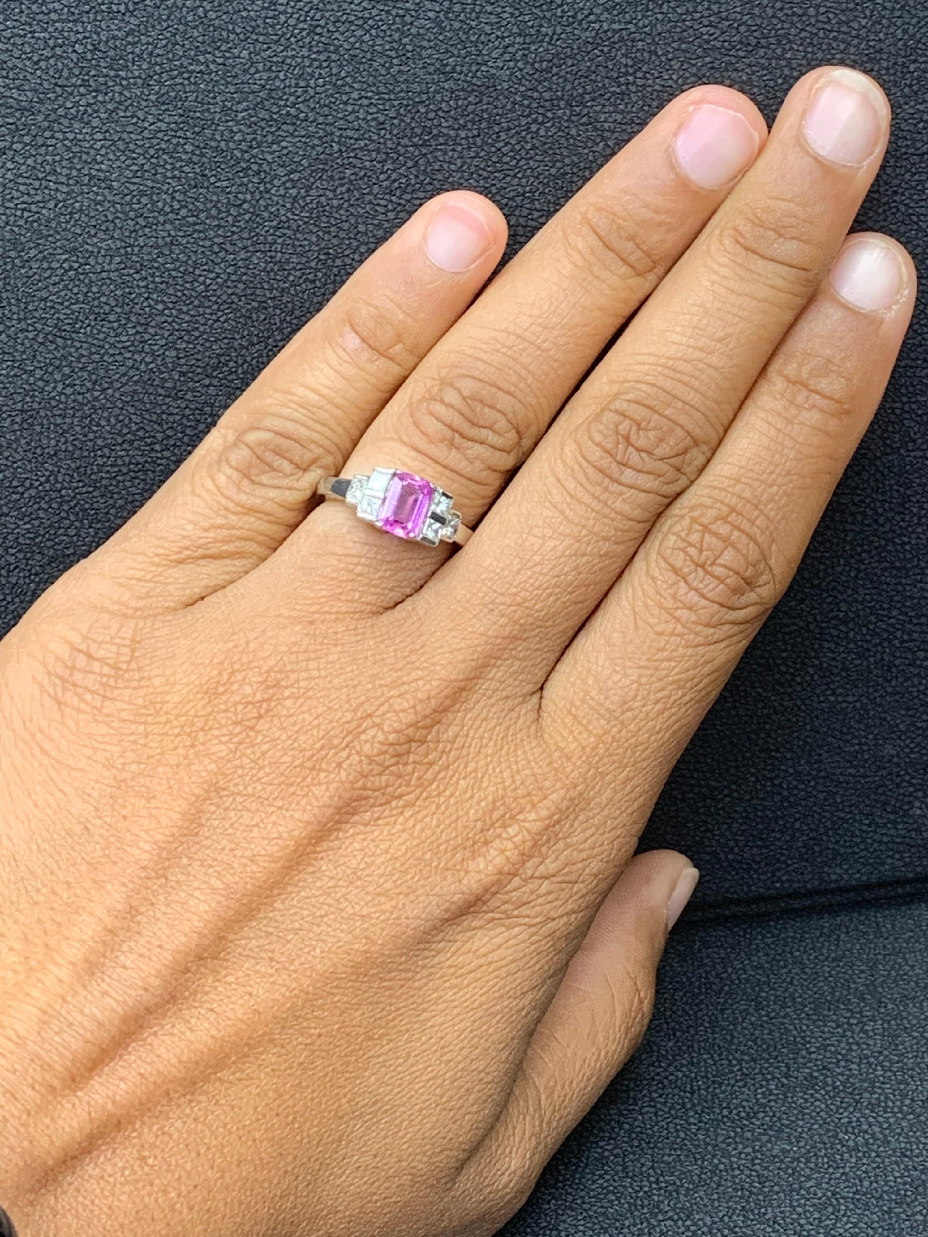 0.80 Carat Emerald Cut Pink Sapphire Diamond Engagement Ring For Sale 8