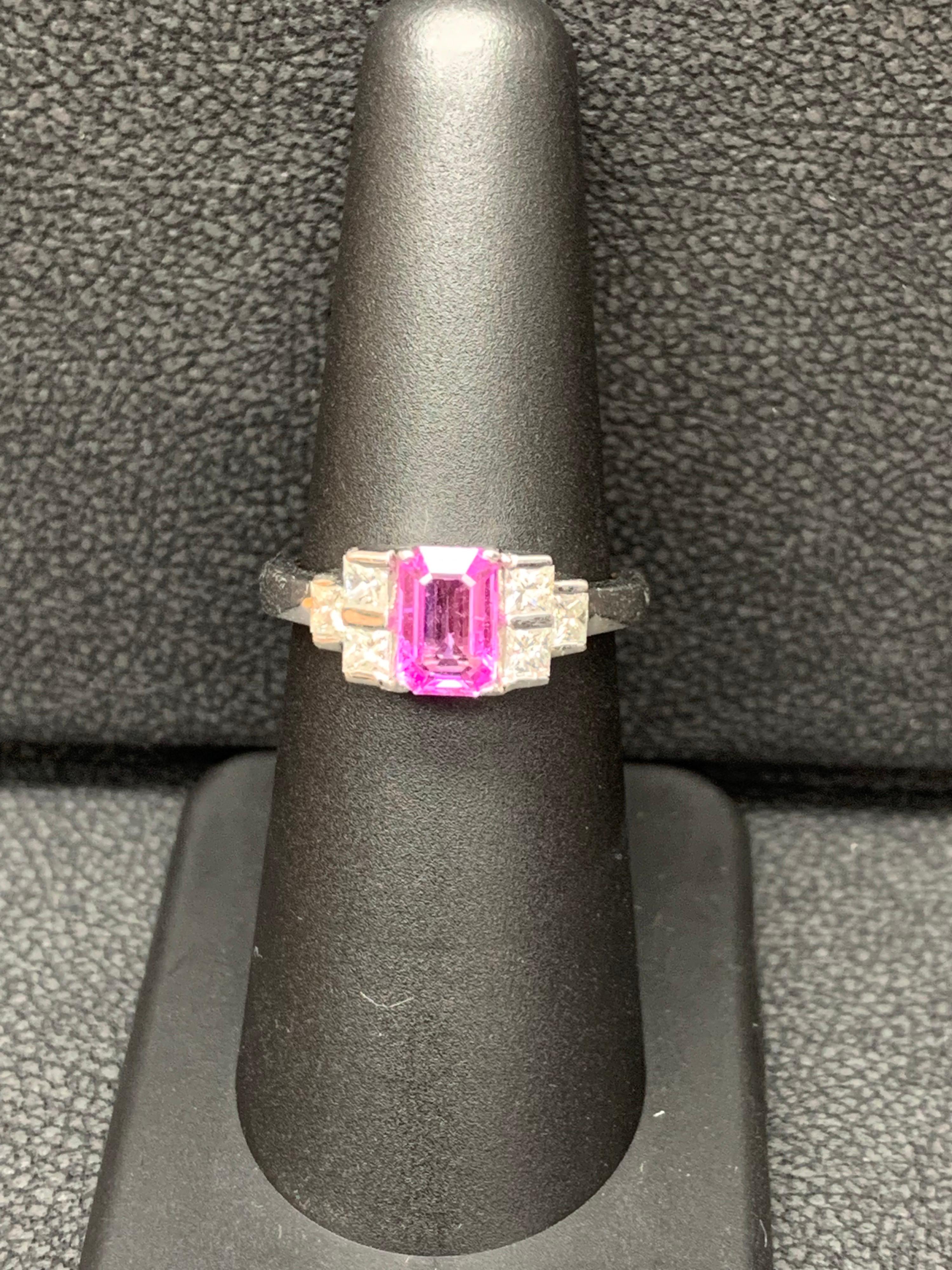 0.80 Carat Emerald Cut Pink Sapphire Diamond Engagement Ring For Sale 10