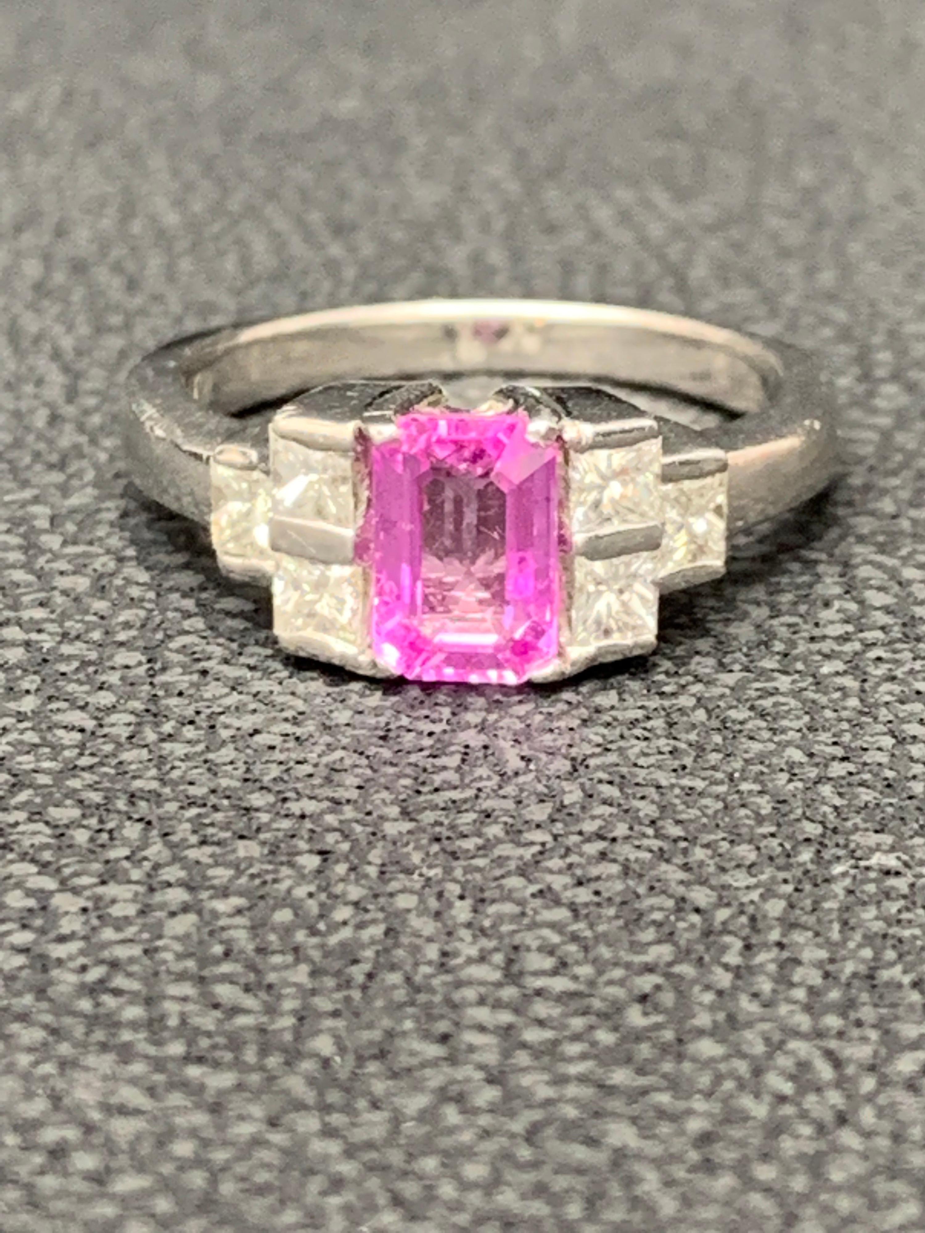 Modern 0.80 Carat Emerald Cut Pink Sapphire Diamond Engagement Ring For Sale