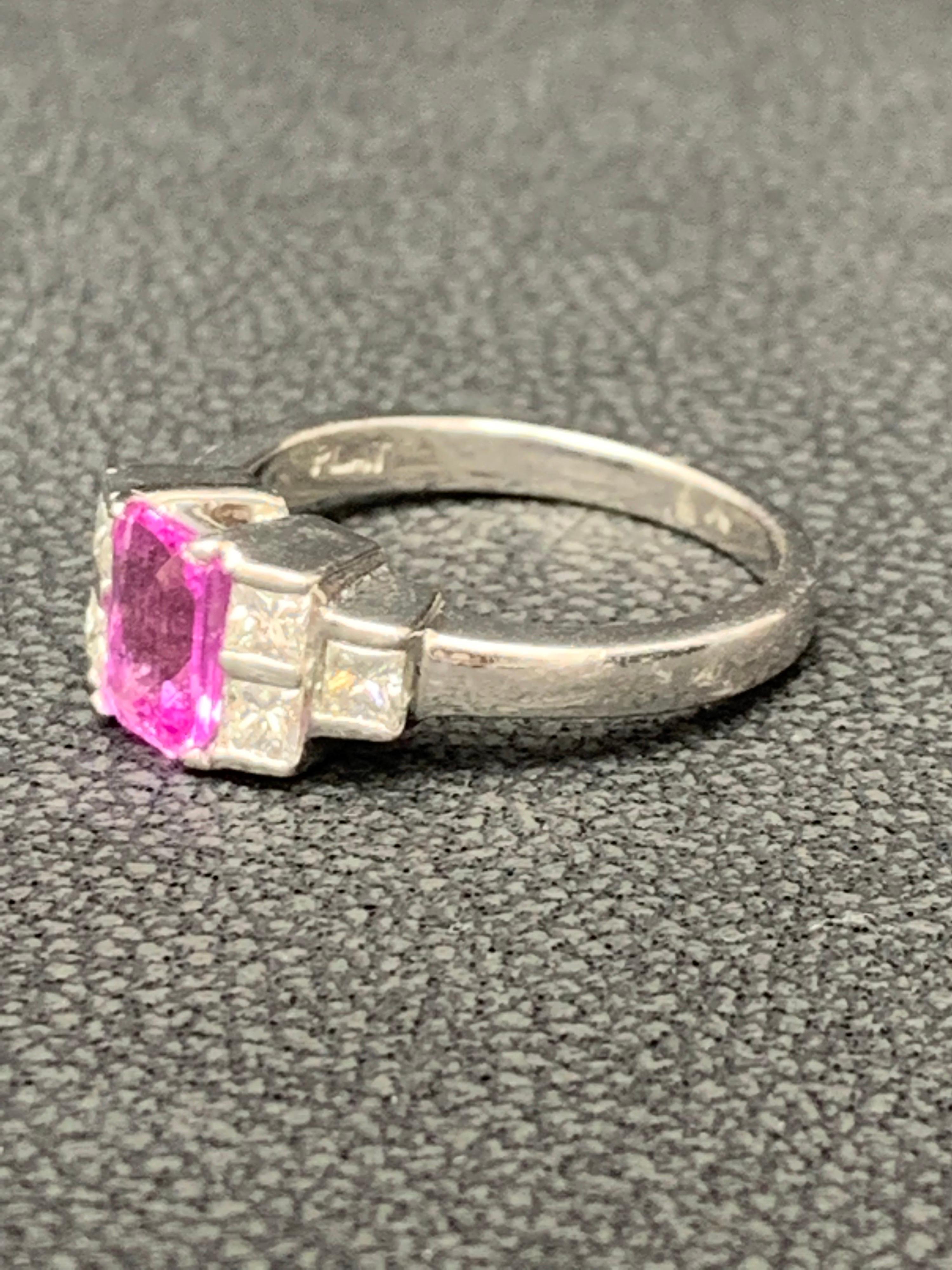 0.80 Carat Emerald Cut Pink Sapphire Diamond Engagement Ring In New Condition For Sale In NEW YORK, NY