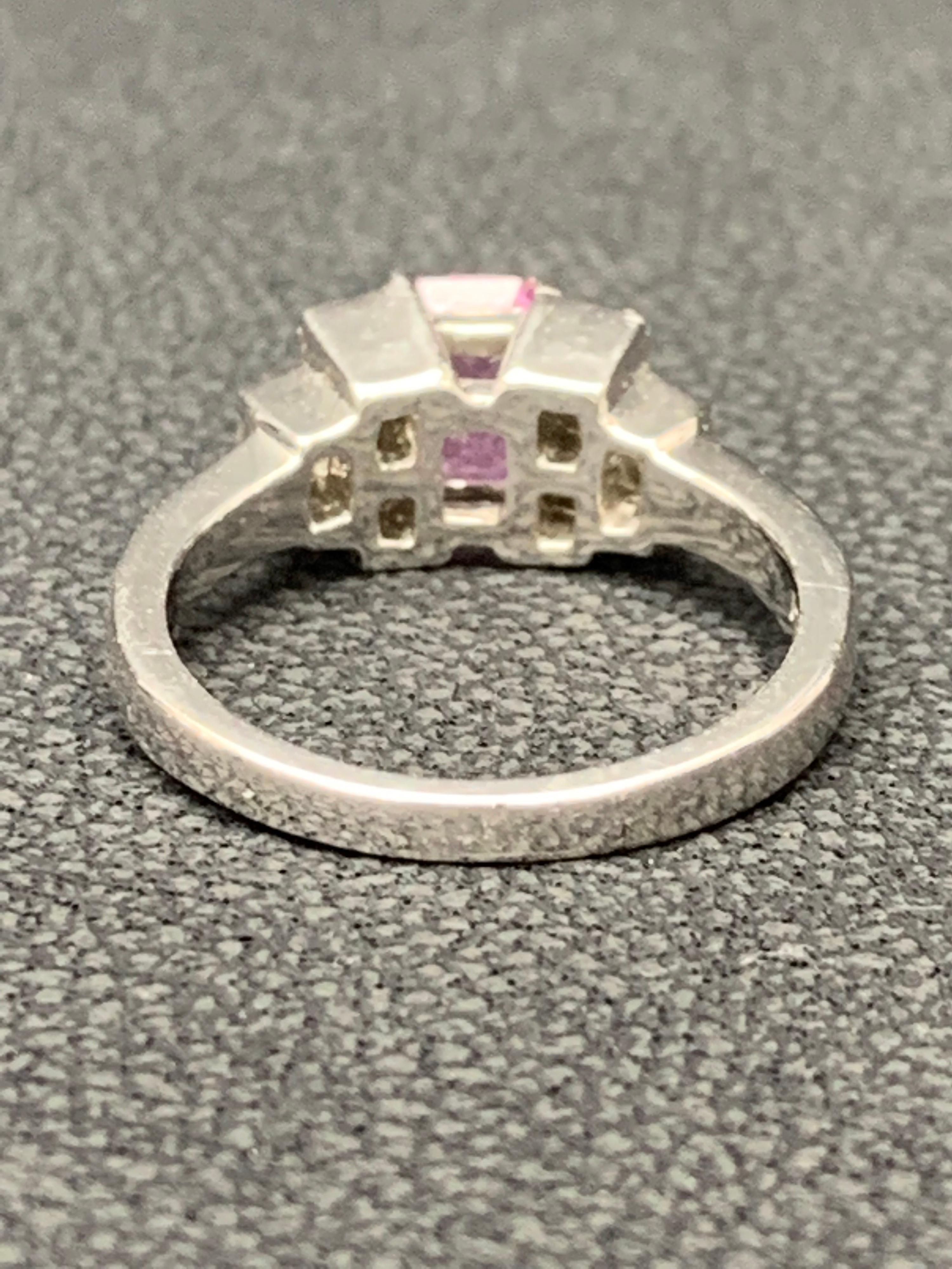Women's 0.80 Carat Emerald Cut Pink Sapphire Diamond Engagement Ring For Sale