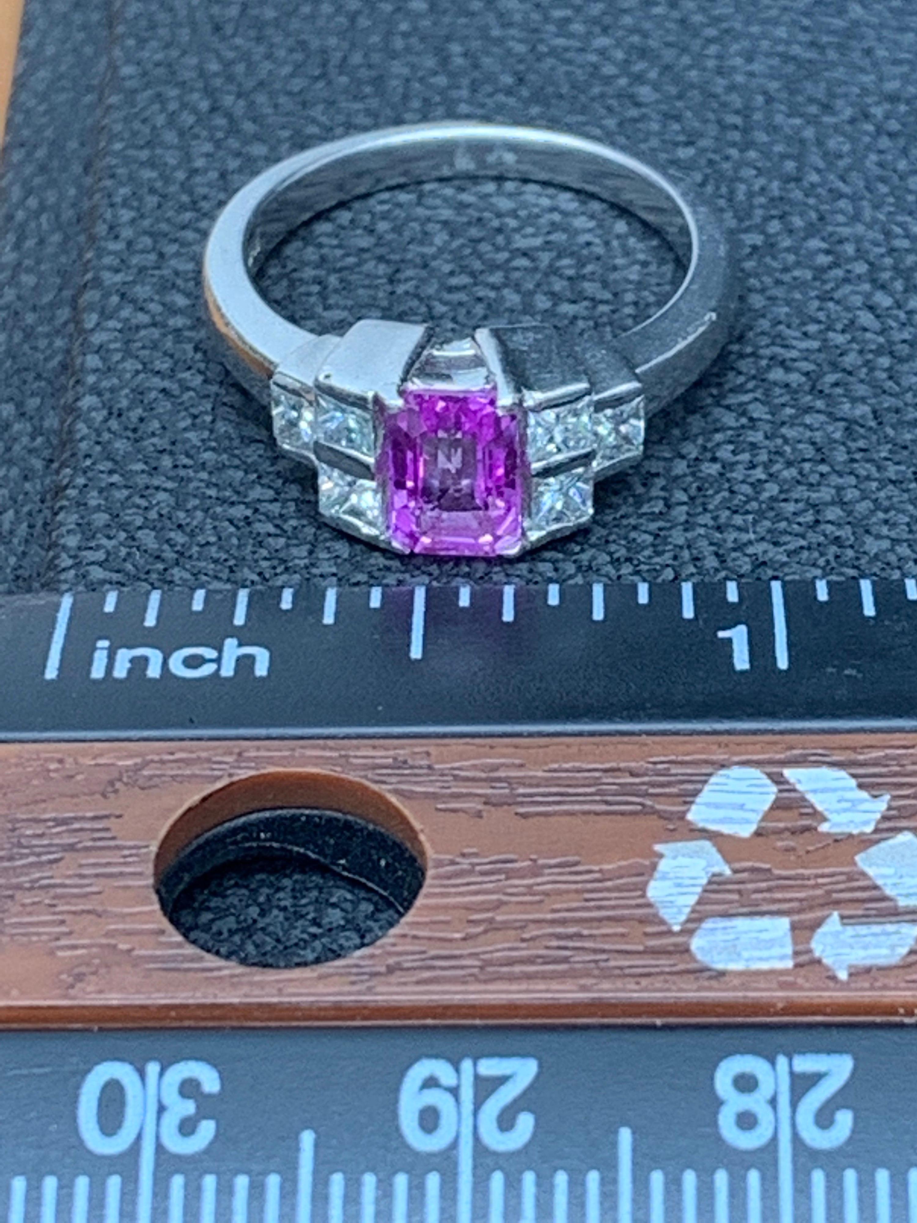 0.80 Carat Emerald Cut Pink Sapphire Diamond Engagement Ring For Sale 3