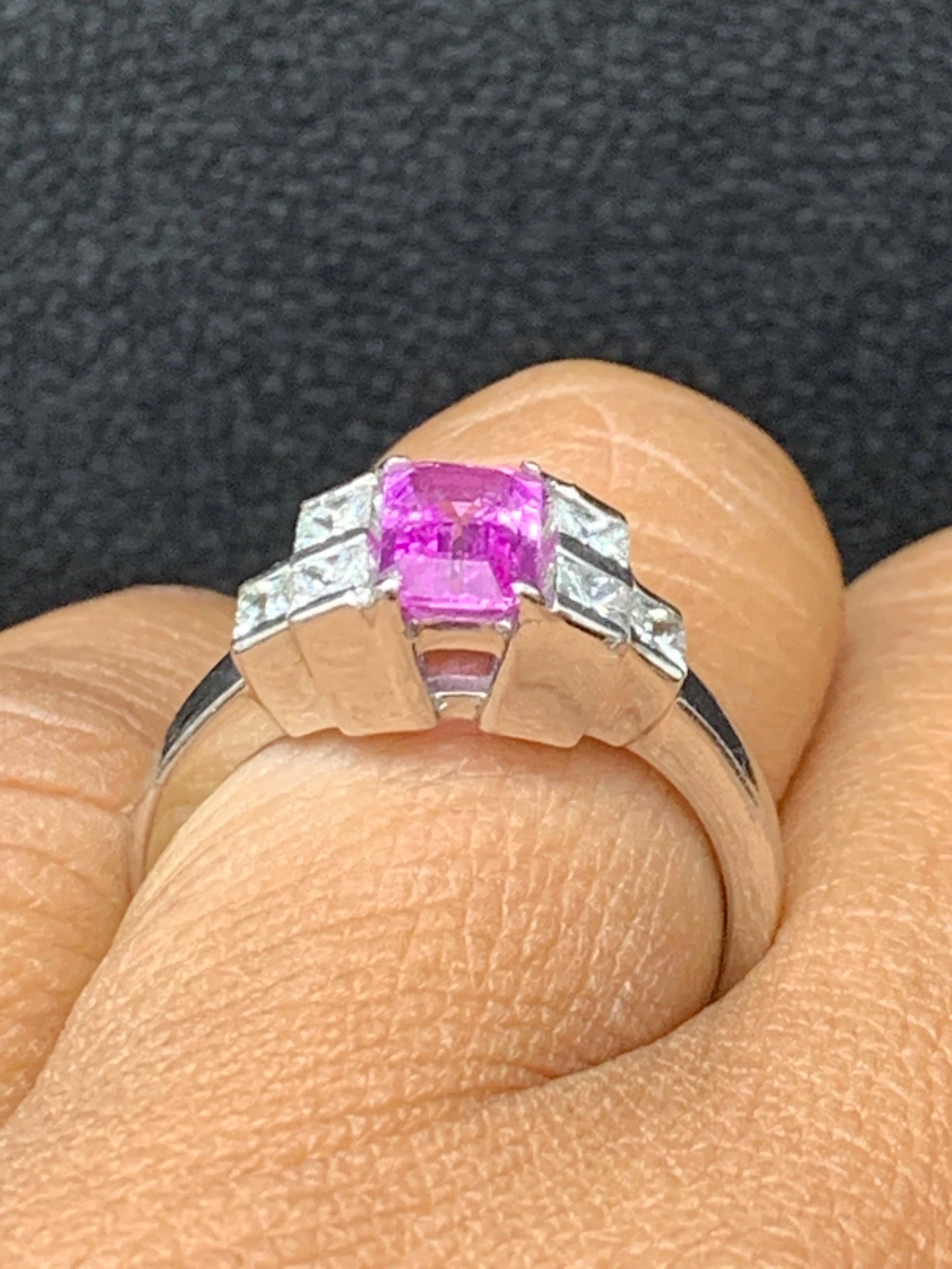 0.80 Carat Emerald Cut Pink Sapphire Diamond Engagement Ring For Sale 4
