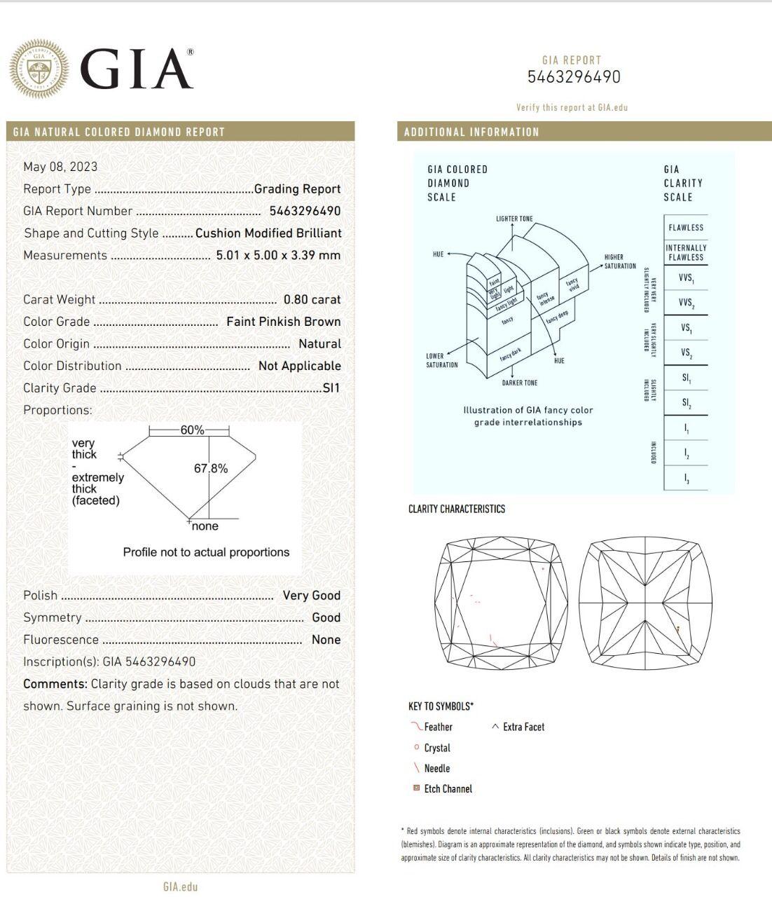  Bague en diamant de 0,80 carat de couleur brun rosé SI1 certifié GIA en vente 1