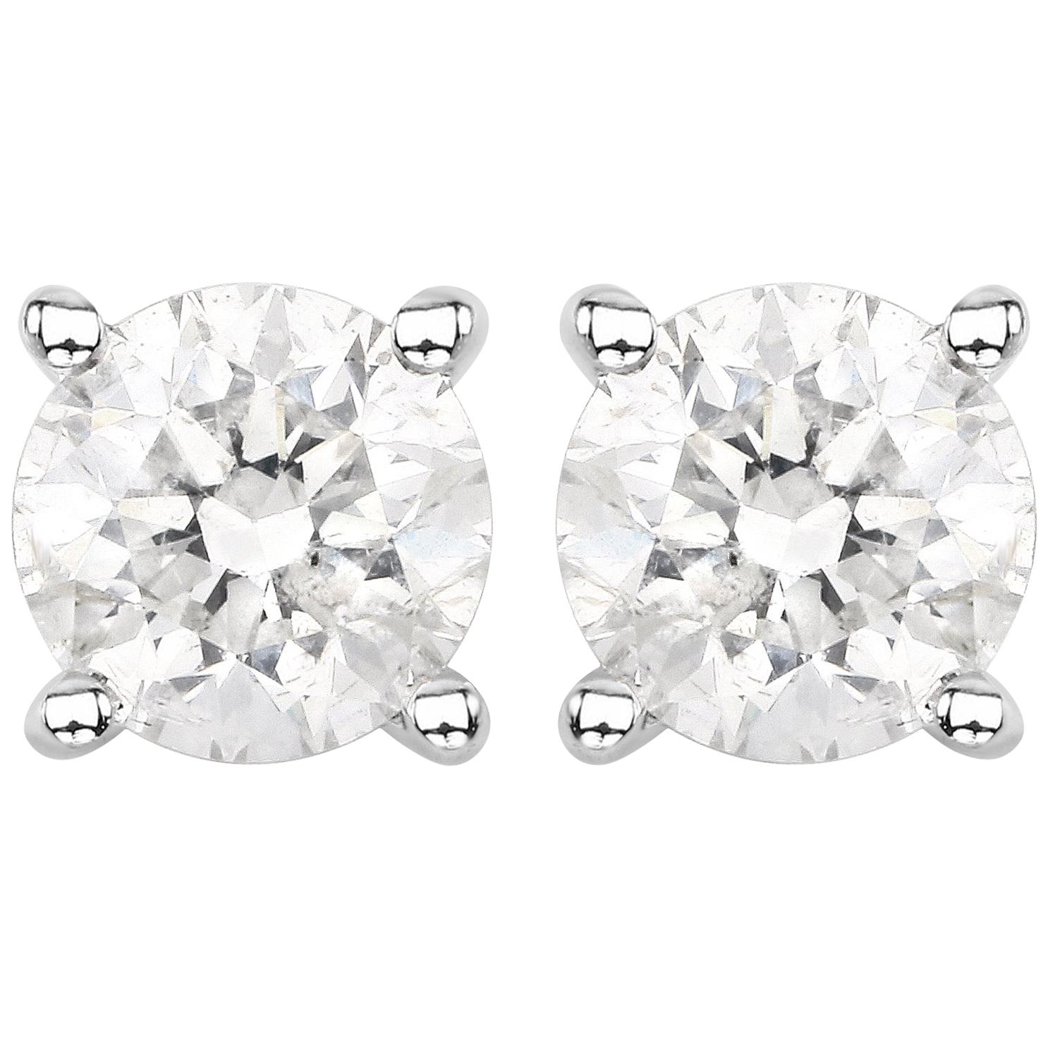 0.80 Carat Genuine White Diamond 14 Karat White Gold Stud Earrings For Sale