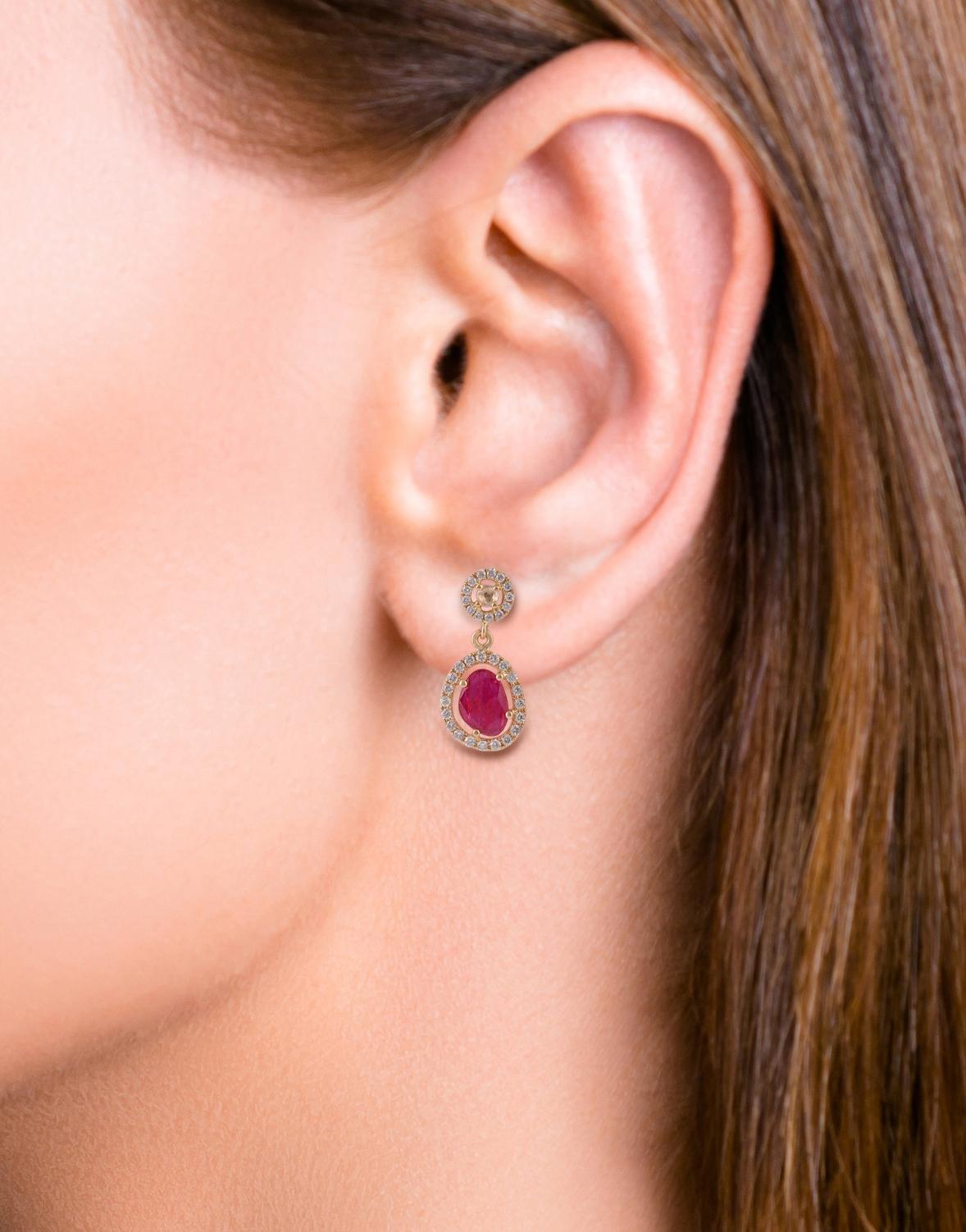 Rose Cut 0.80 Carat Mozambique Ruby and Diamond Earring Studded in 18 Karat Yellow Gold For Sale