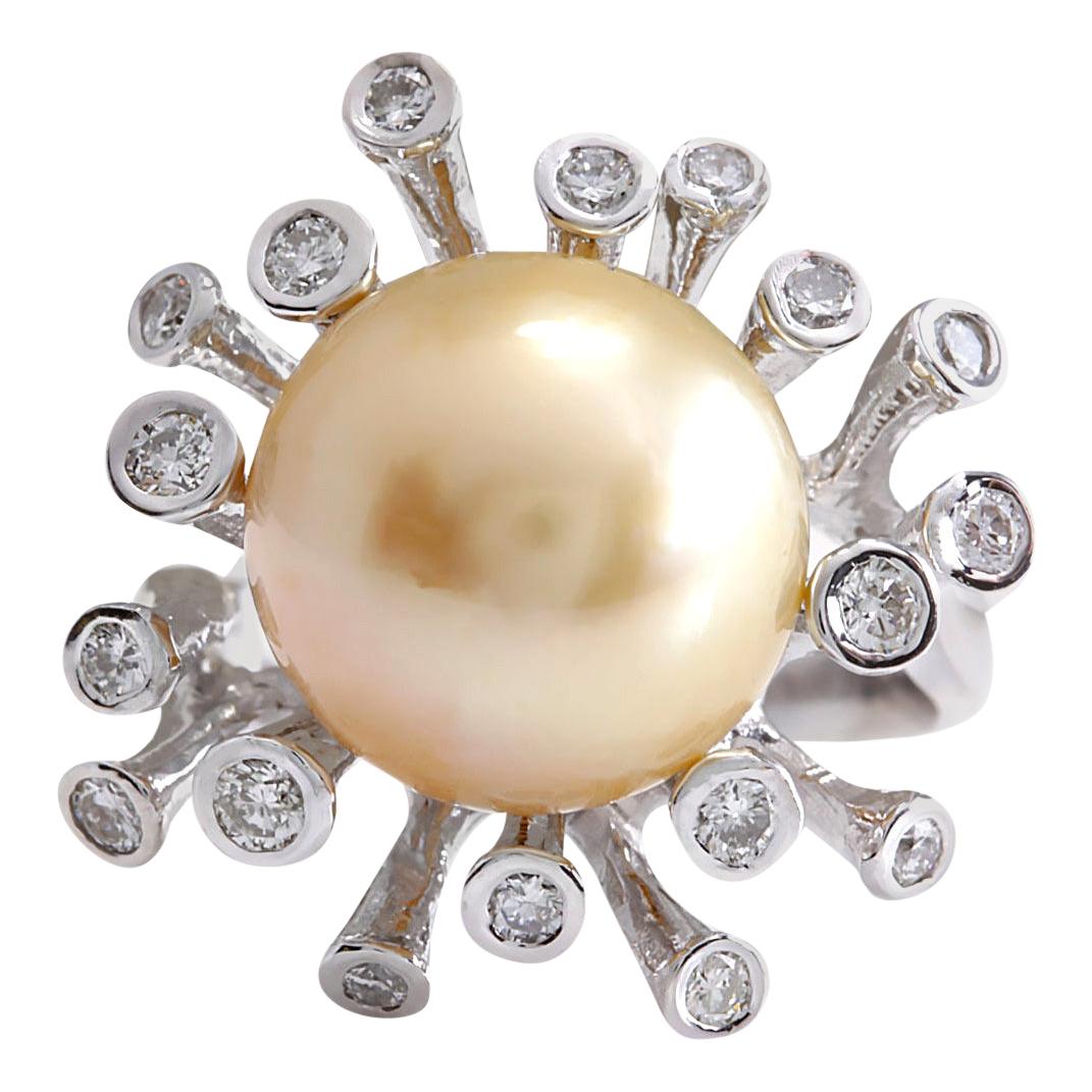 Natural South Sea Pearl 14 Karat White Gold Diamond Ring For Sale