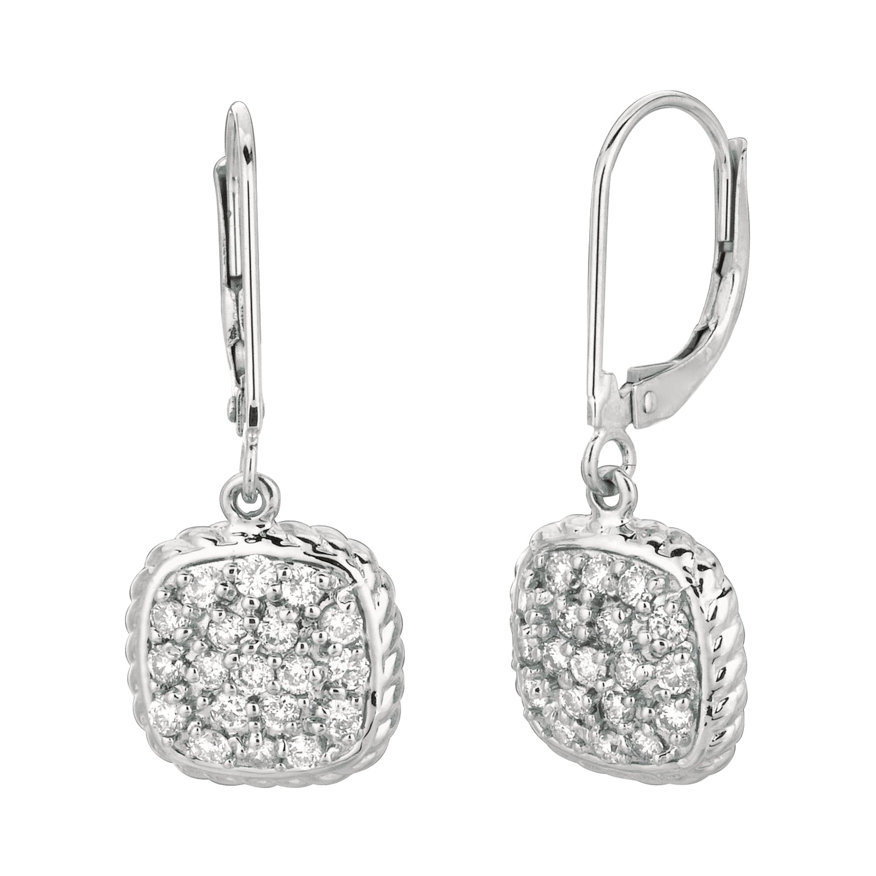 0.80 Carat Natural Diamond Square Drop Earrings G SI 14k White Gold For Sale