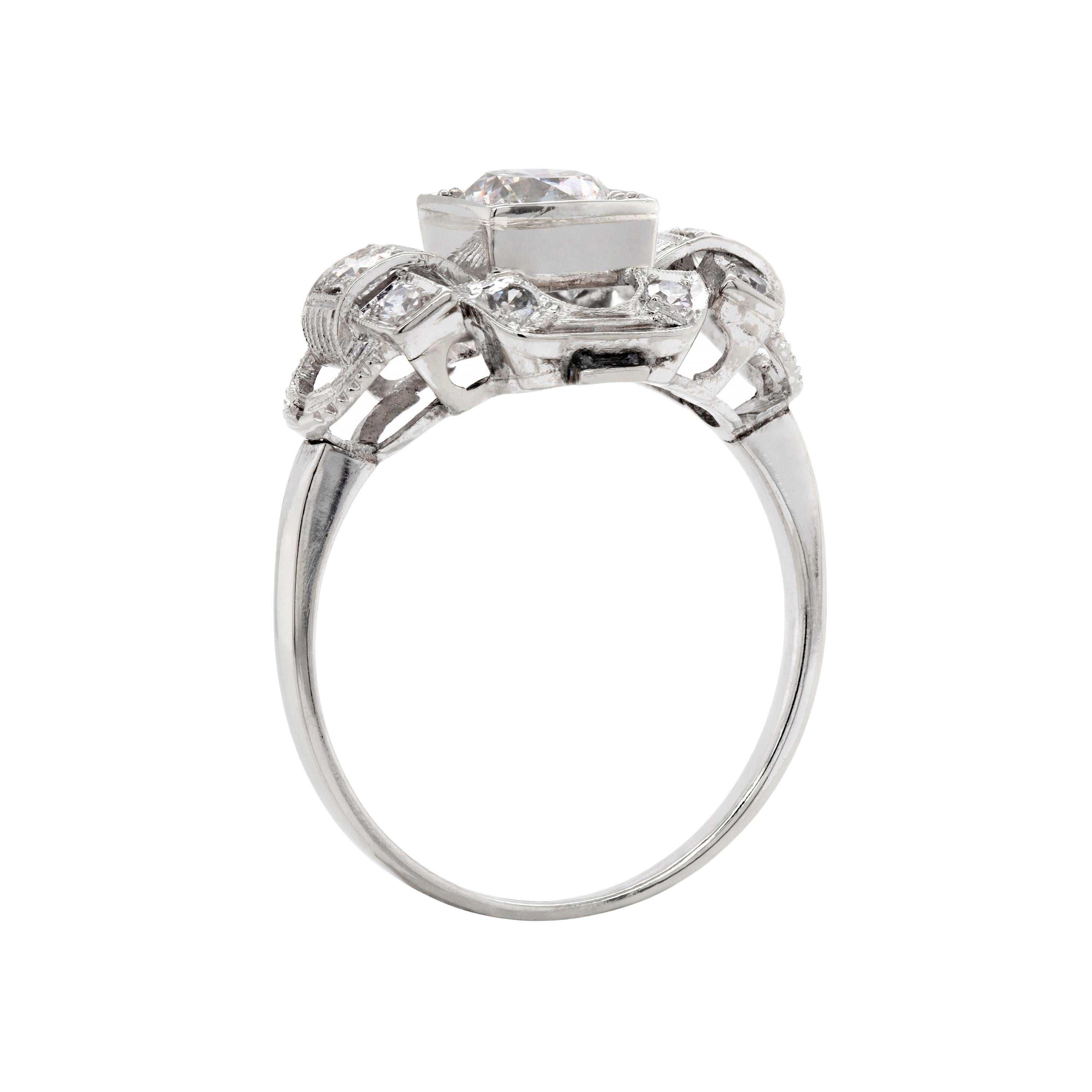 Old European Cut 0.80 Carat Old Cut Diamond Art Deco Platinum Engagement Ring, circa 1930s For Sale
