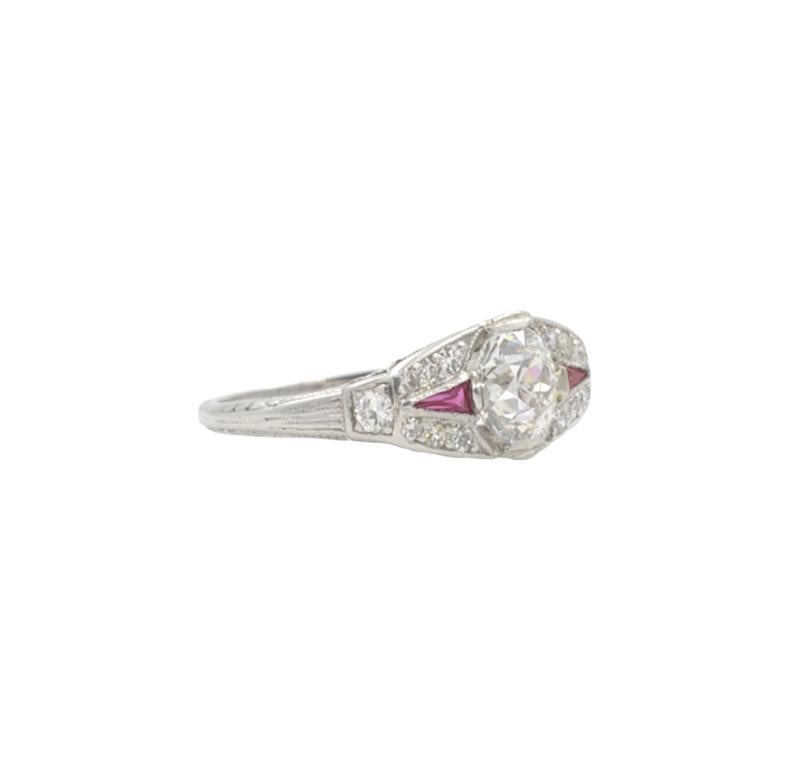 Women's 0.80 Carat Old European Cut Diamond and Ruby Art Deco Platinum Ring For Sale