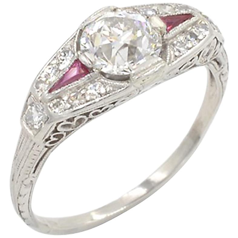 0.80 Carat Old European Cut Diamond and Ruby Art Deco Platinum Ring For Sale