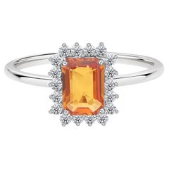 0.80 Ct Emerald Cut Orange Sapphire Proposal Ring with 0.19 Ct Diamond 18K Gold