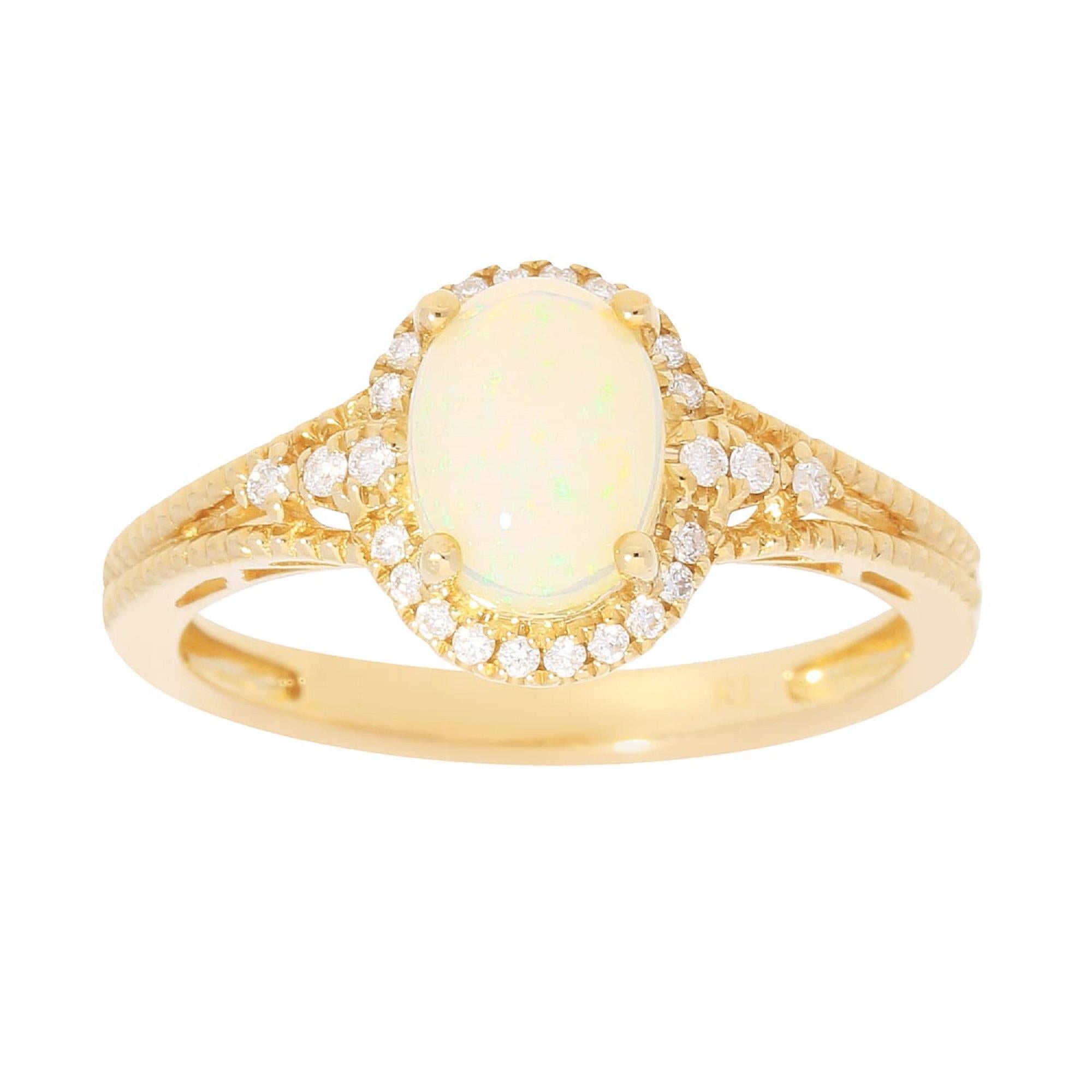 Oval Cut 0.80 Carat Oval-Cab Ethiopian Opal Diamond Accents 10K Yellow Gold Ring For Sale