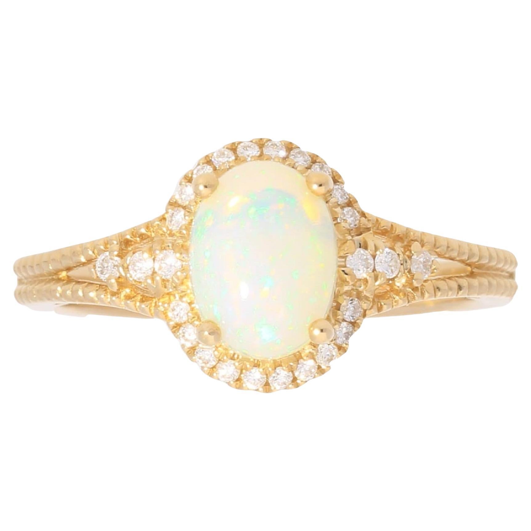 0.80 Carat Oval-Cab Ethiopian Opal Diamond Accents 10K Yellow Gold Ring For Sale