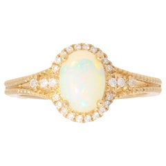 Vintage 0.80 Carat Oval-Cab Ethiopian Opal Diamond Accents 10K Yellow Gold Ring