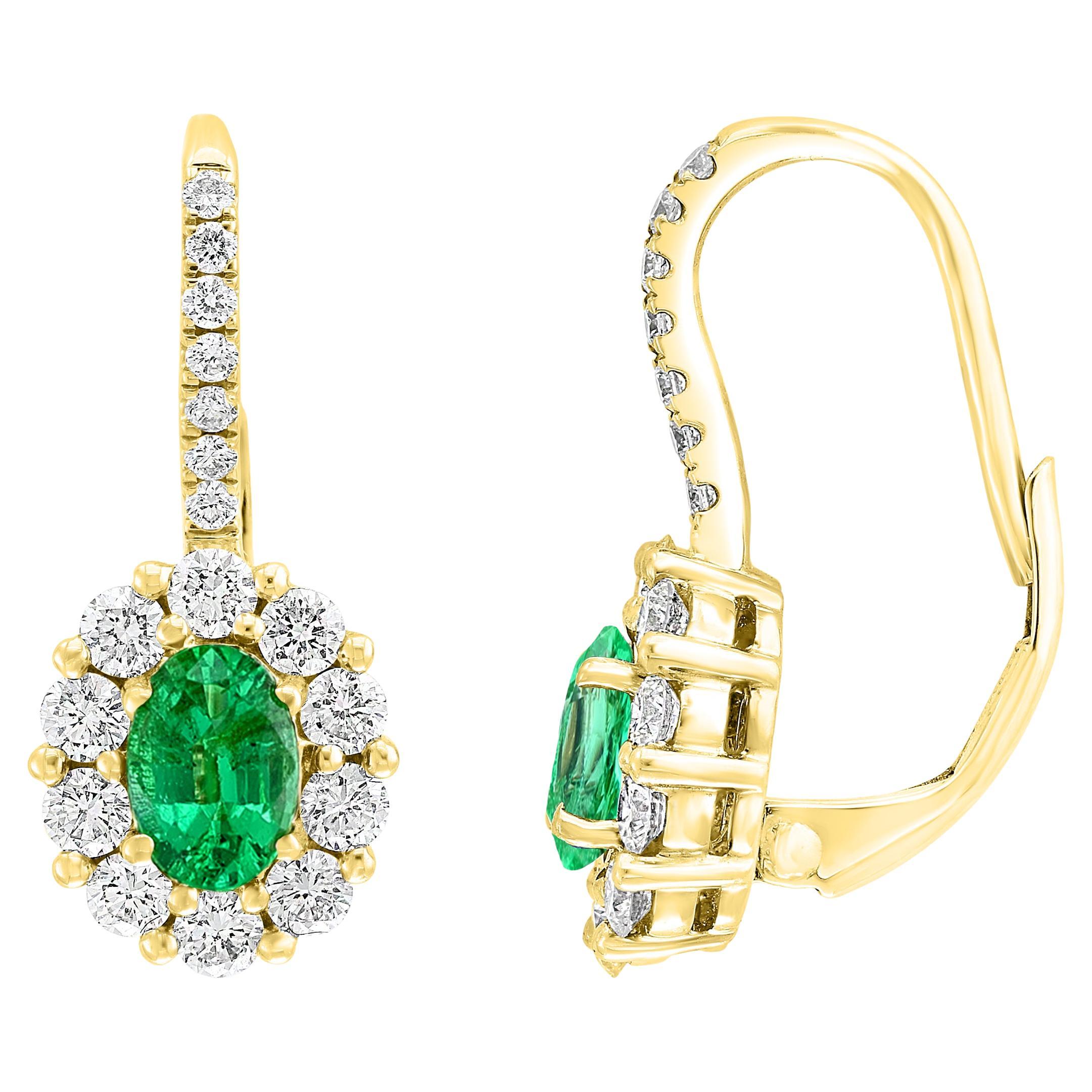 0.80 Carat Oval Cut Emerald and Diamond Earrings in 18K Yellow Gold For Sale