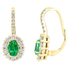 0.80 Carat Oval Cut Emerald and Diamond Earrings in 18K Yellow Gold