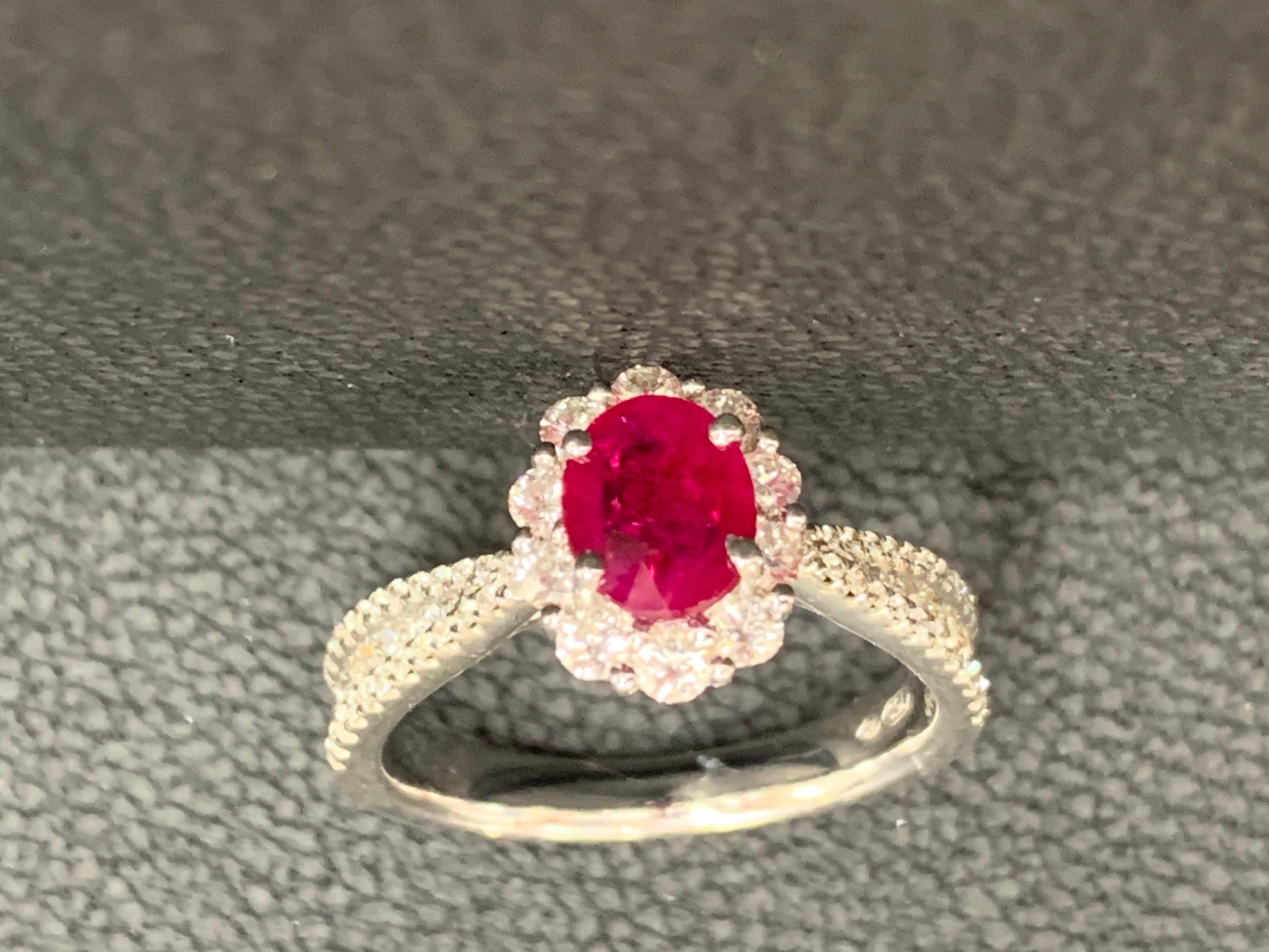 0.80 Carat Oval Cut Ruby and Diamond Engagement Ring in 18K White Gold For Sale 7