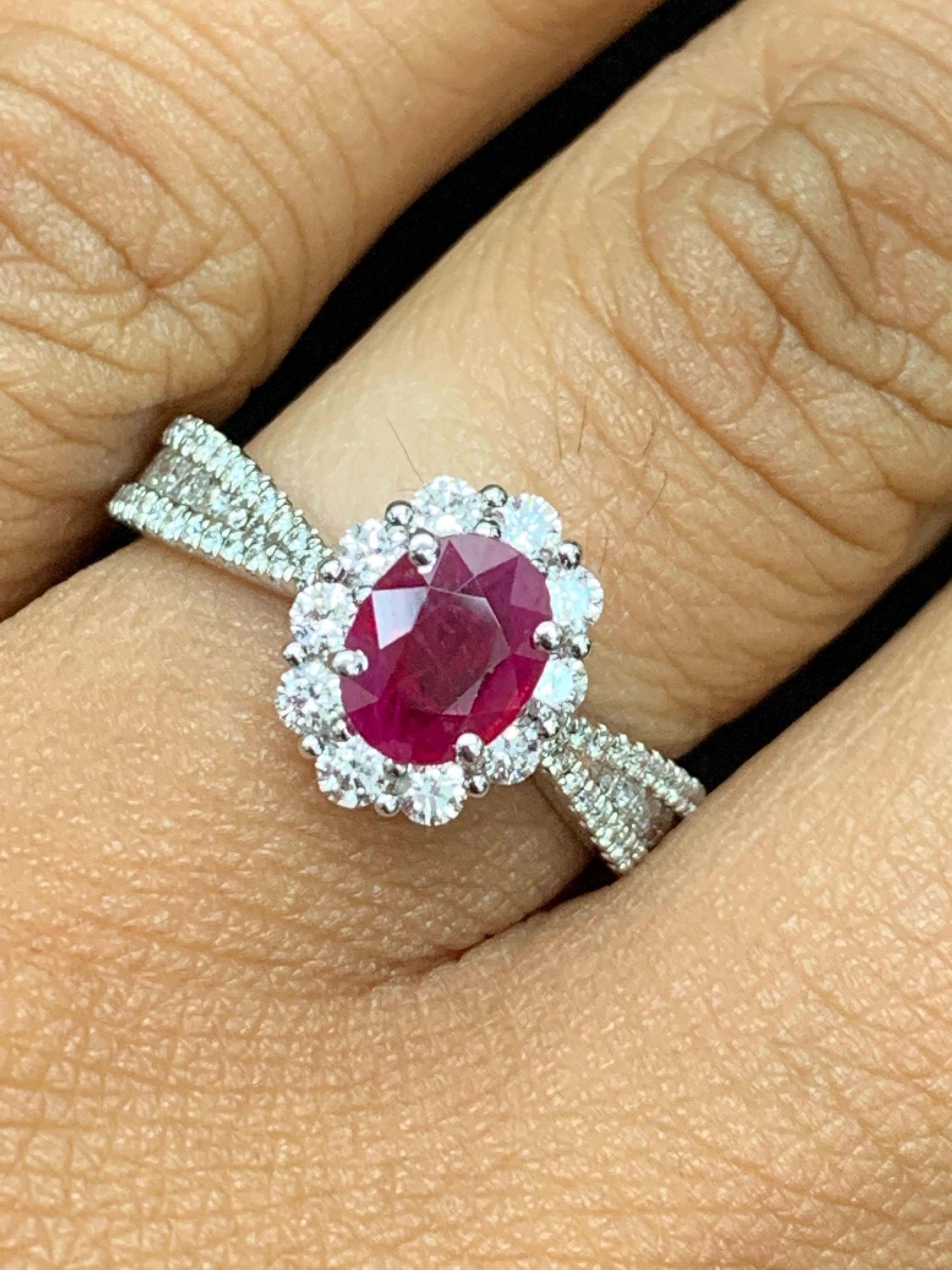 0.80 Carat Oval Cut Ruby and Diamond Engagement Ring in 18K White Gold For Sale 8