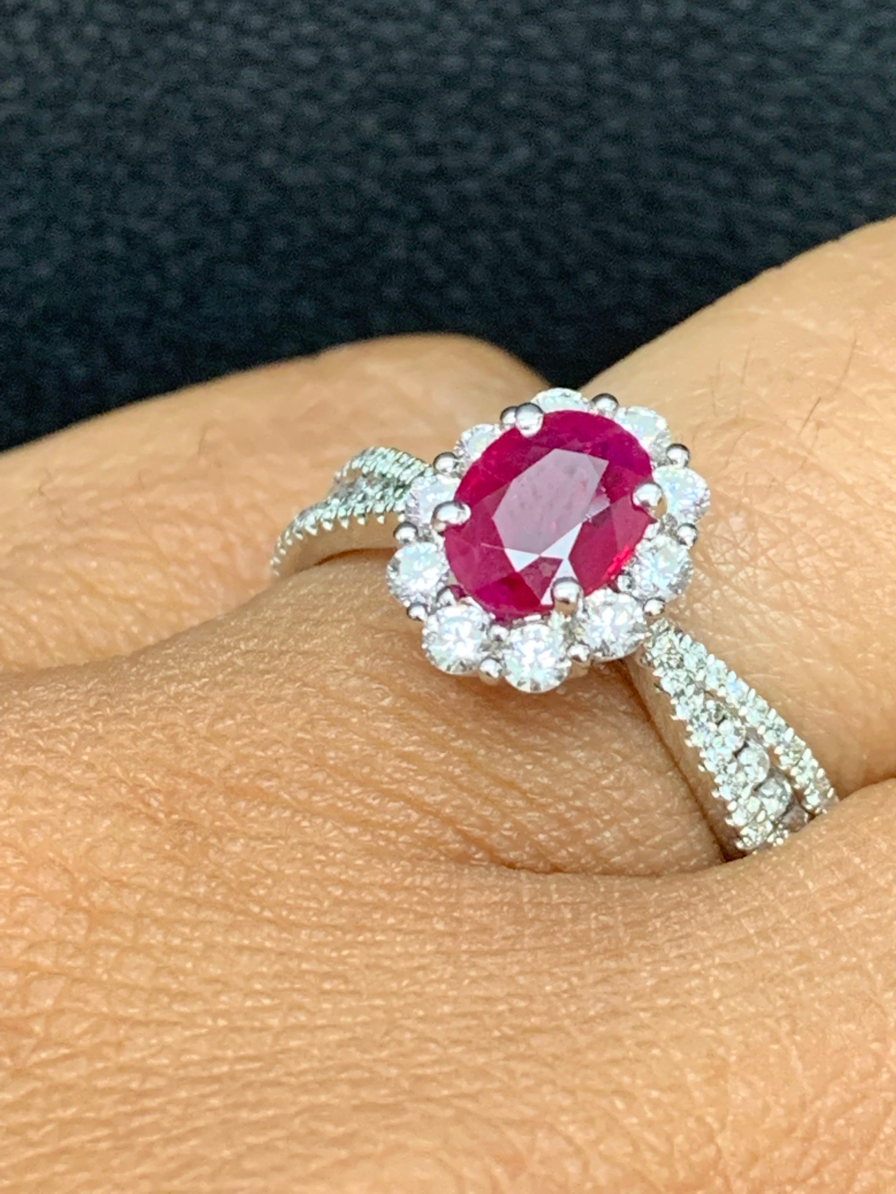 0.80 Carat Oval Cut Ruby and Diamond Engagement Ring in 18K White Gold For Sale 9