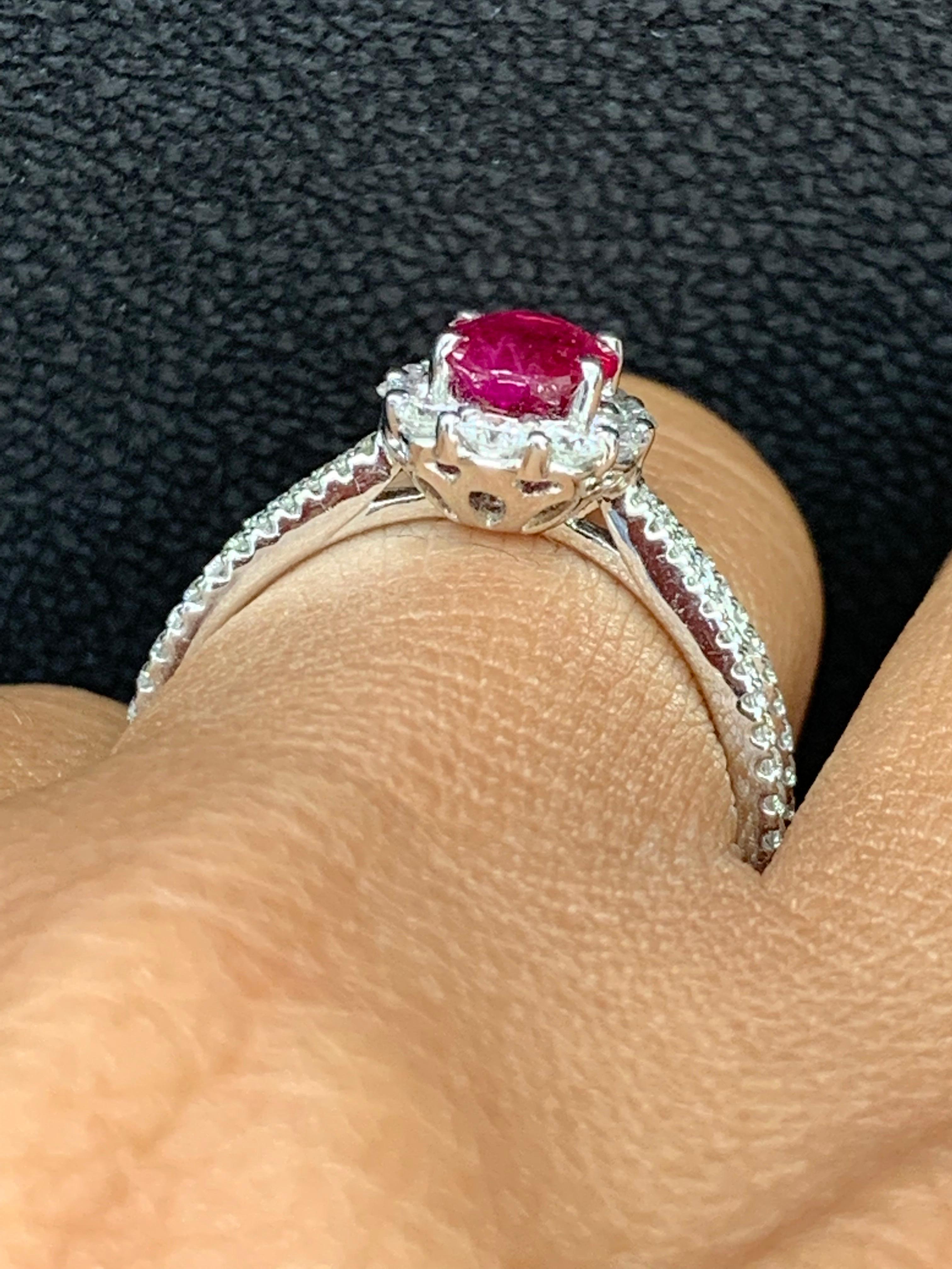 0.80 Carat Oval Cut Ruby and Diamond Engagement Ring in 18K White Gold In New Condition For Sale In NEW YORK, NY