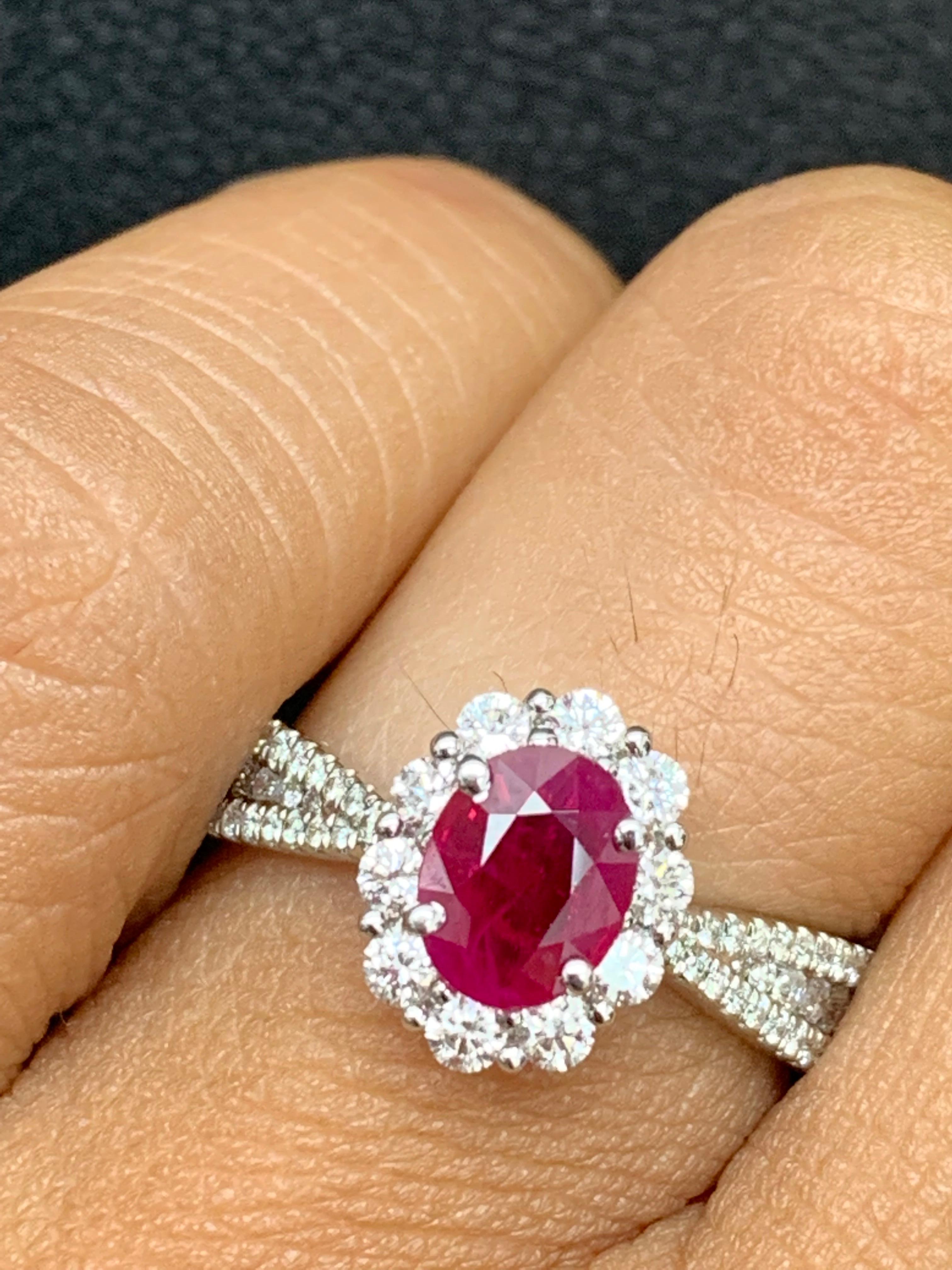 0.80 Carat Oval Cut Ruby and Diamond Engagement Ring in 18K White Gold For Sale 1