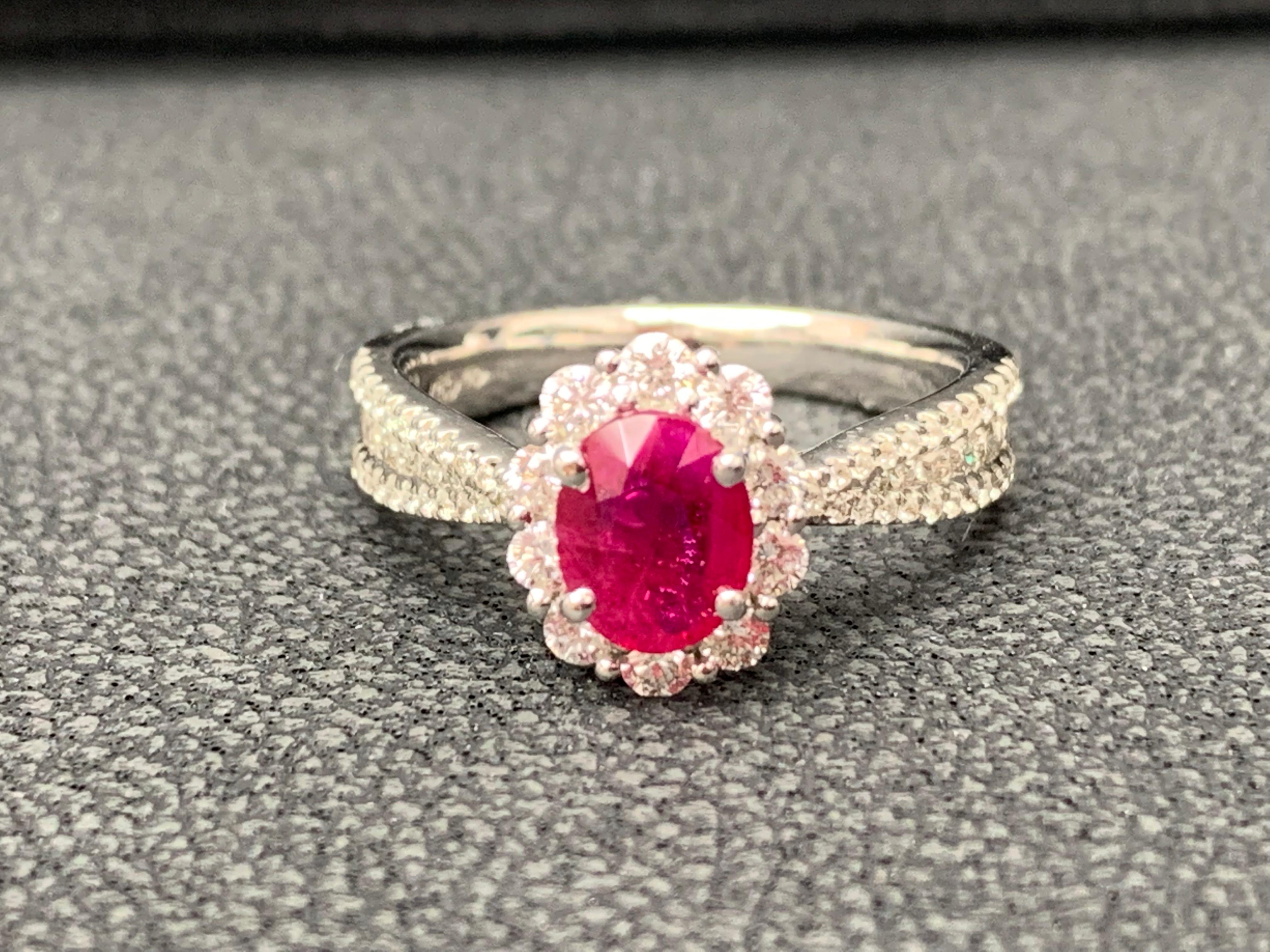 0.80 Carat Oval Cut Ruby and Diamond Engagement Ring in 18K White Gold For Sale 2