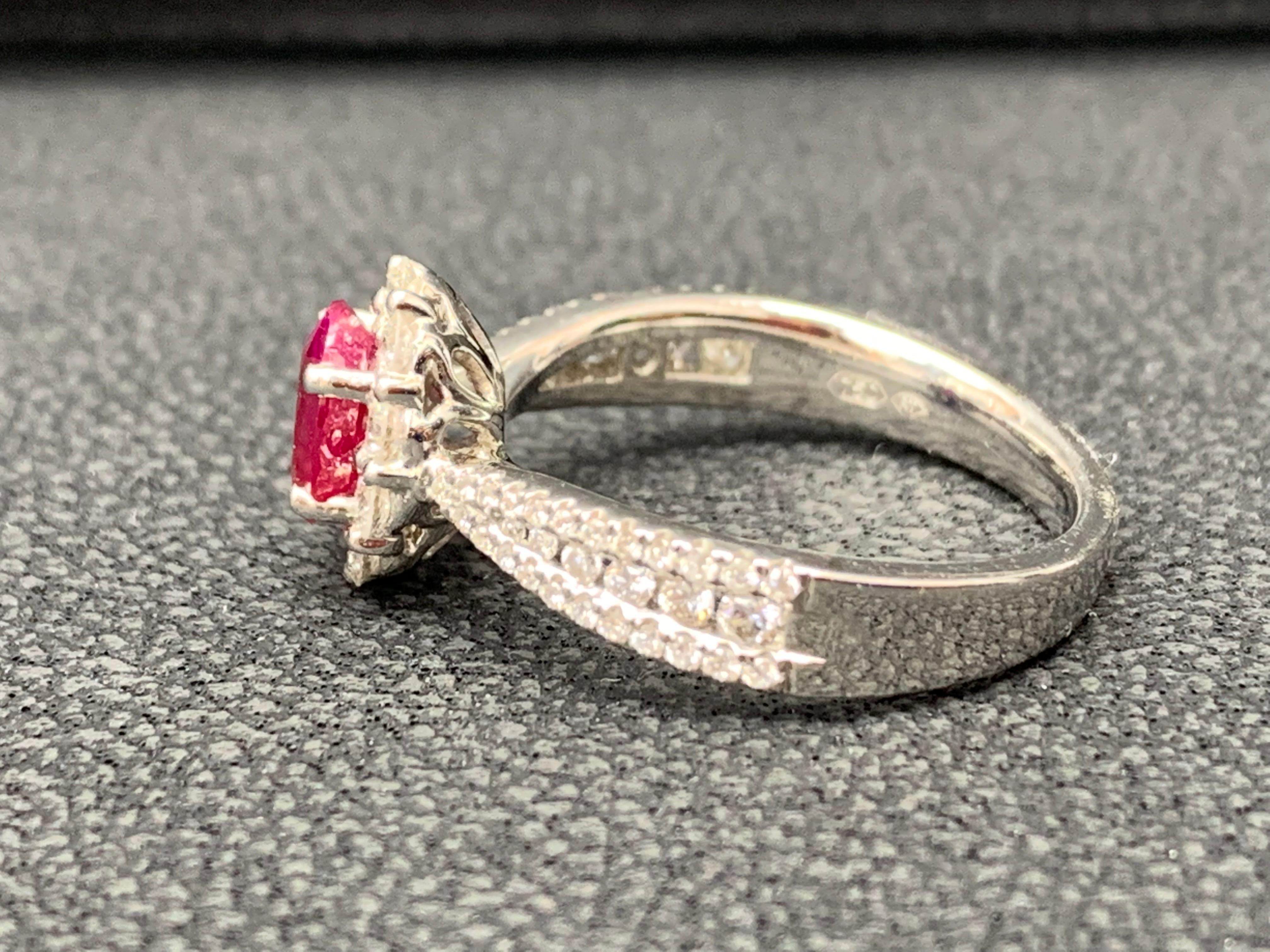 0.80 Carat Oval Cut Ruby and Diamond Engagement Ring in 18K White Gold For Sale 3