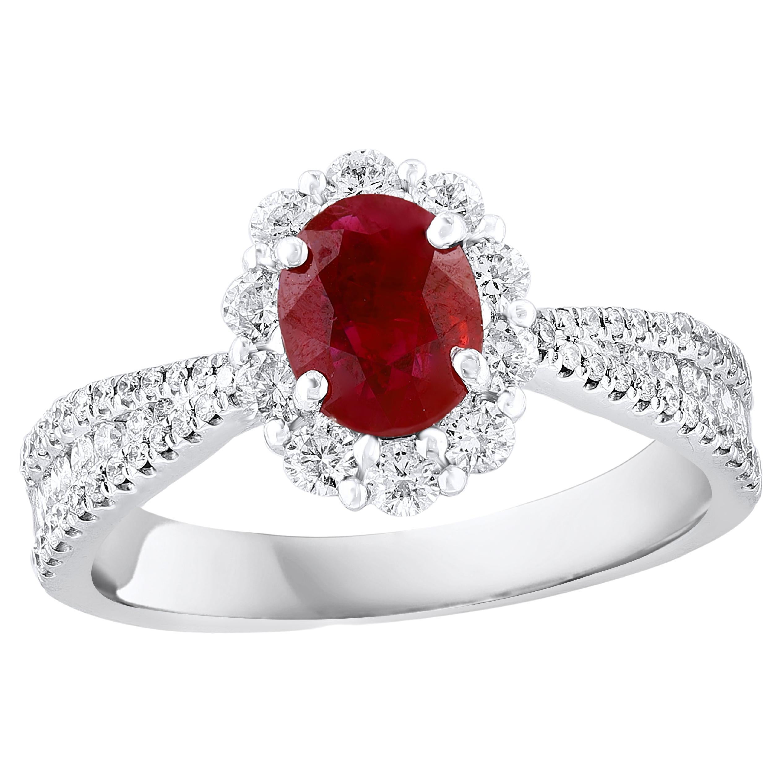 0.80 Carat Oval Cut Ruby and Diamond Engagement Ring in 18K White Gold For Sale