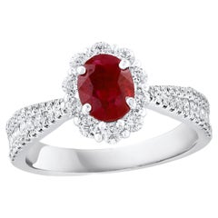 Bague de fiançailles en or blanc 18 carats avec diamants et rubis de taille ovale de 0,80 carat