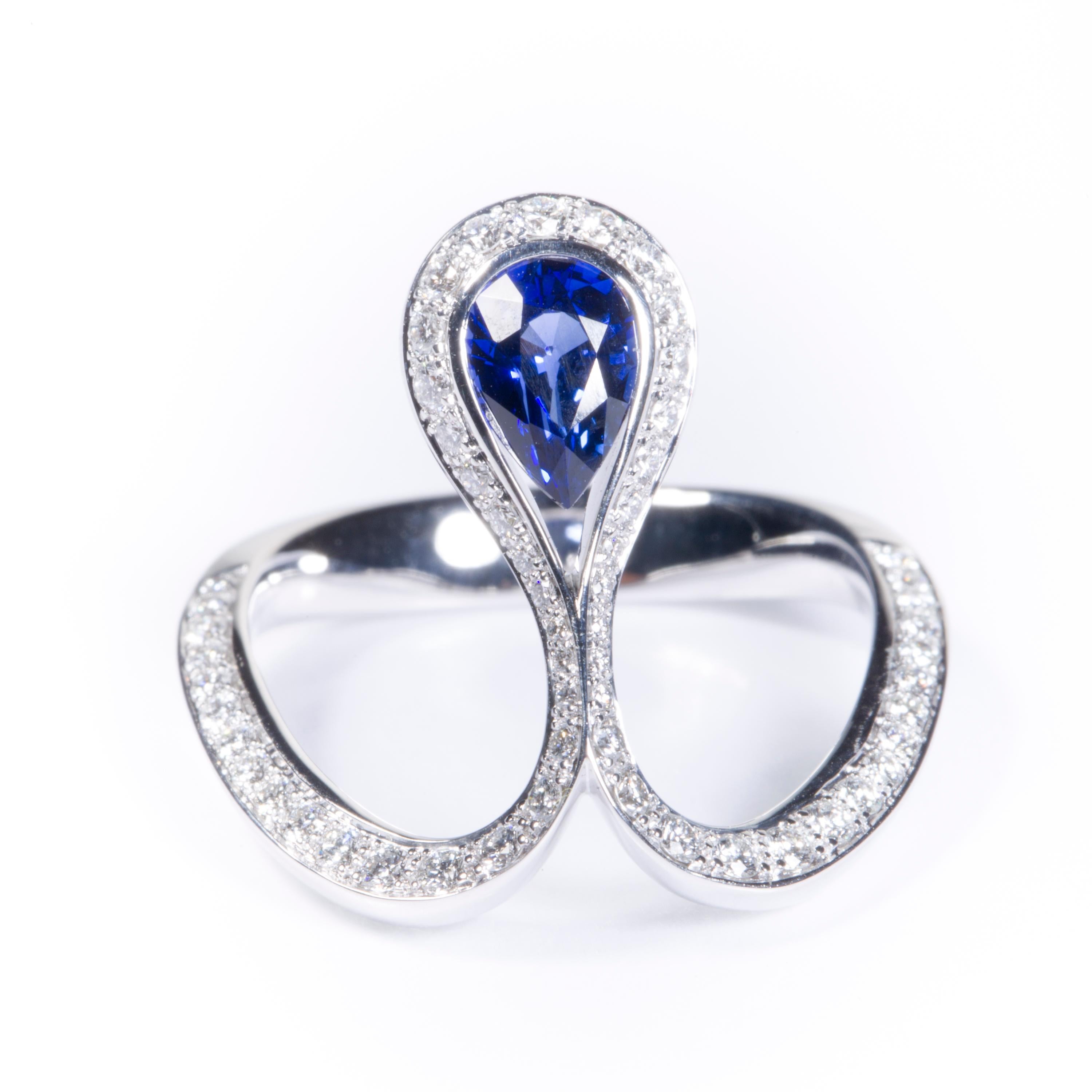 The Royals Is Inspired By Drops Of Light, Dew And Precious Stones, And Like A Vine Of Blossoming Gemstones It Frames The Beauty Of Women. Celebrating A 0.84ct Pear Blue Sapphire, This Magnificent Ring Gives All Its Meaning To The Word 