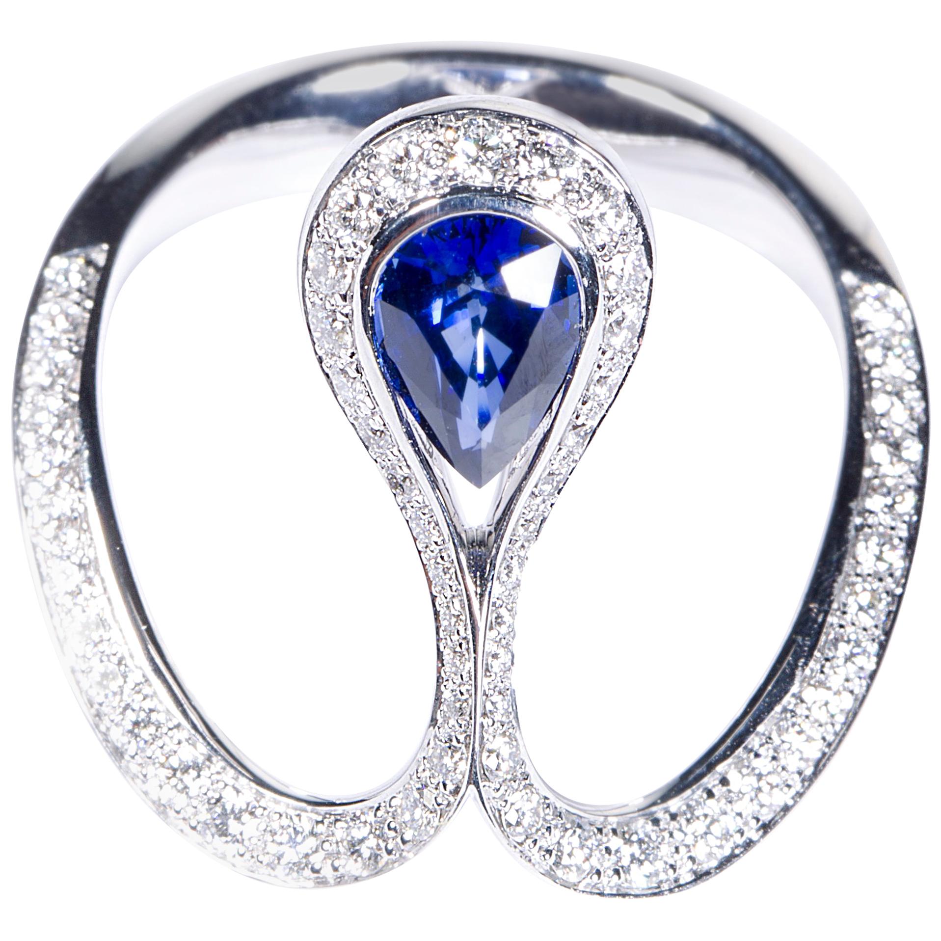 0.80 Carat Pear Blue Sapphire Royale Ring For Sale
