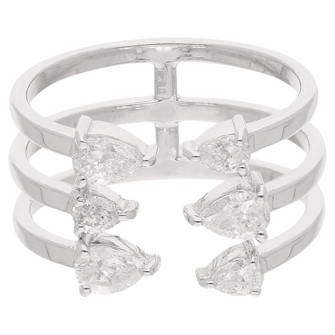0.80 Carat Pear Diamond Cuff Three Band Ring 14 Karat White Gold Fine Jewelry For Sale