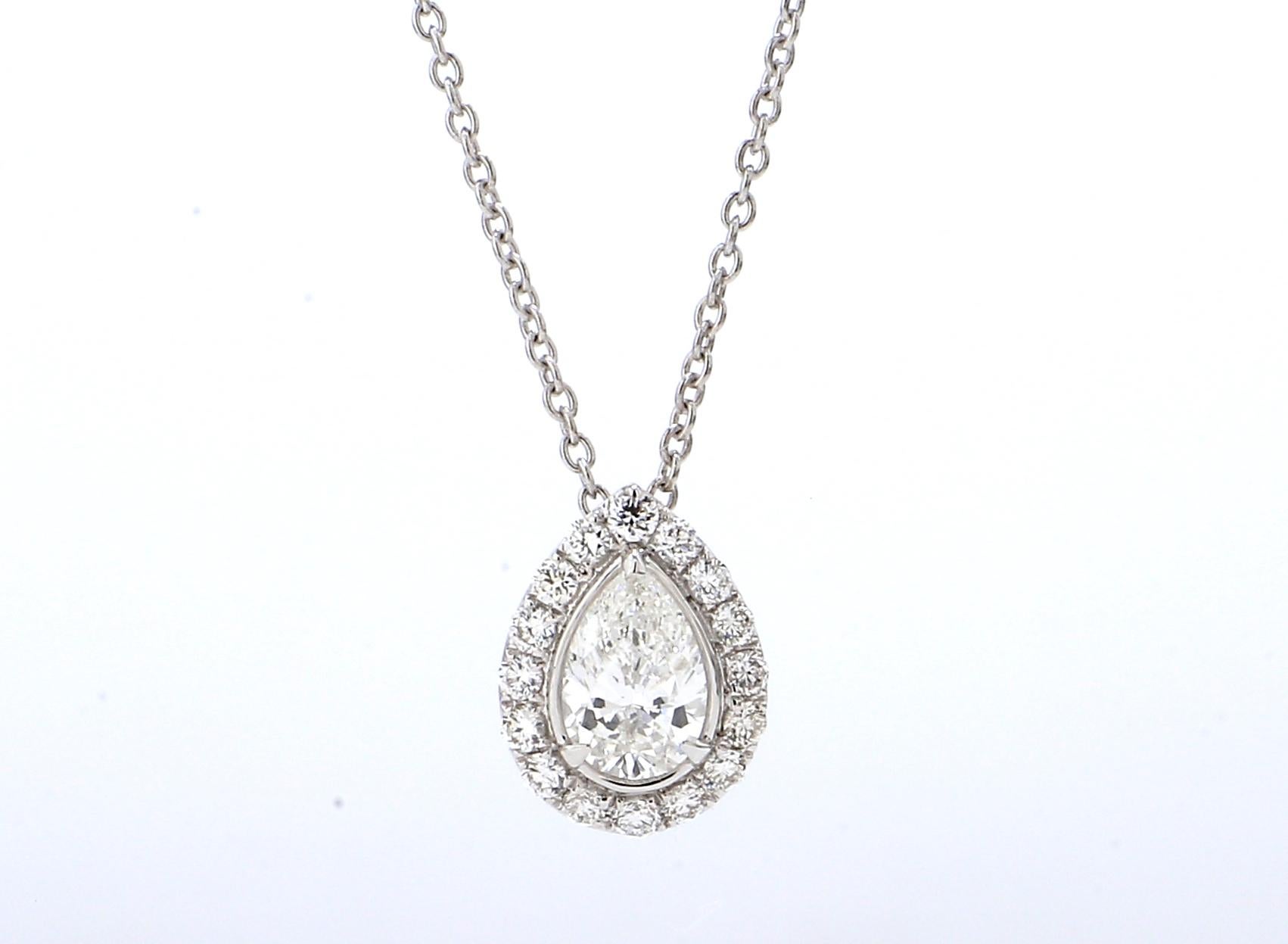 0.80 Carat Pear Halo Diamond Pendant in 18K White Gold with 18