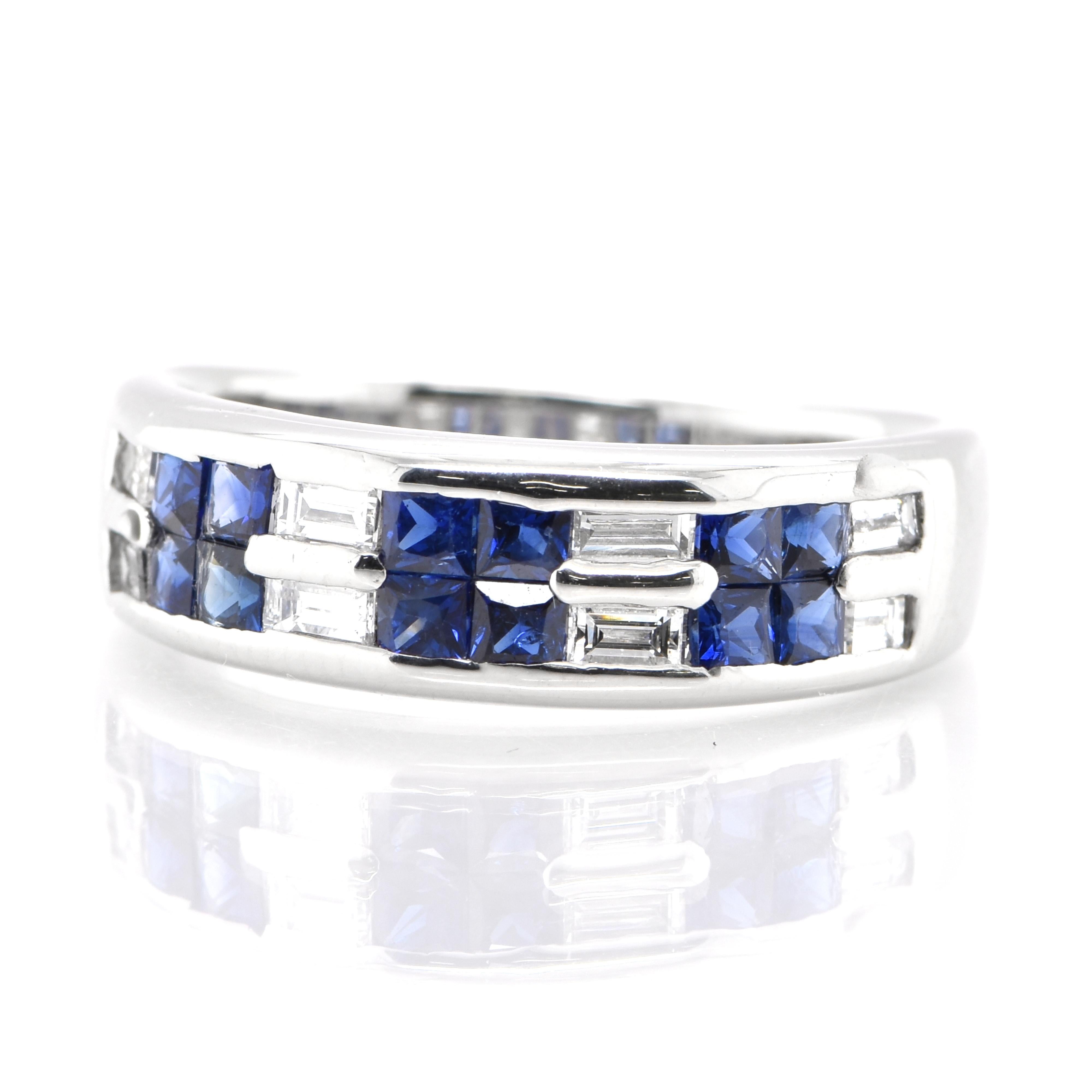 A beautiful half eternity band ring featuring 0.80 Carats Natural Princess Cut Sapphires and 0.35 Carats Diamond Accents set in Platinum. Sapphires have extraordinary durability - they excel in hardness as well as toughness and durability making