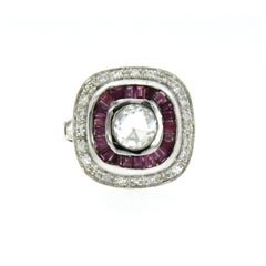 0.86 Carat Old Mine Cut Diamond Ruby Engagement Gold Ring