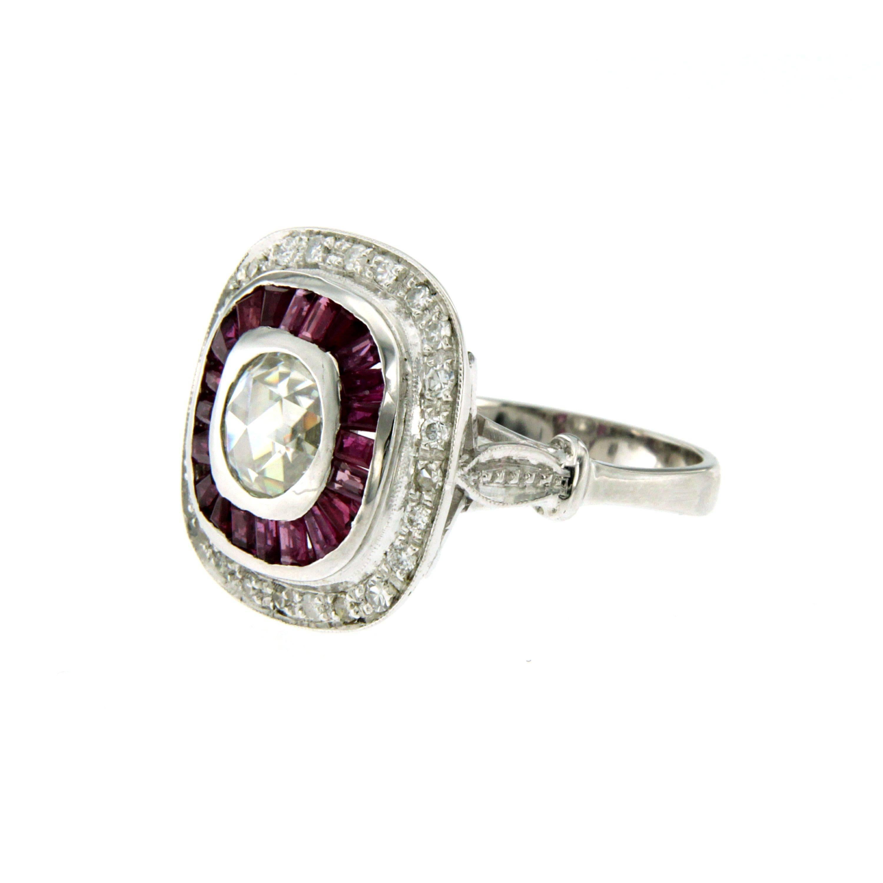 Art Deco 0.86 Carat Old Mine Cut Diamond Ruby Engagement Gold Ring