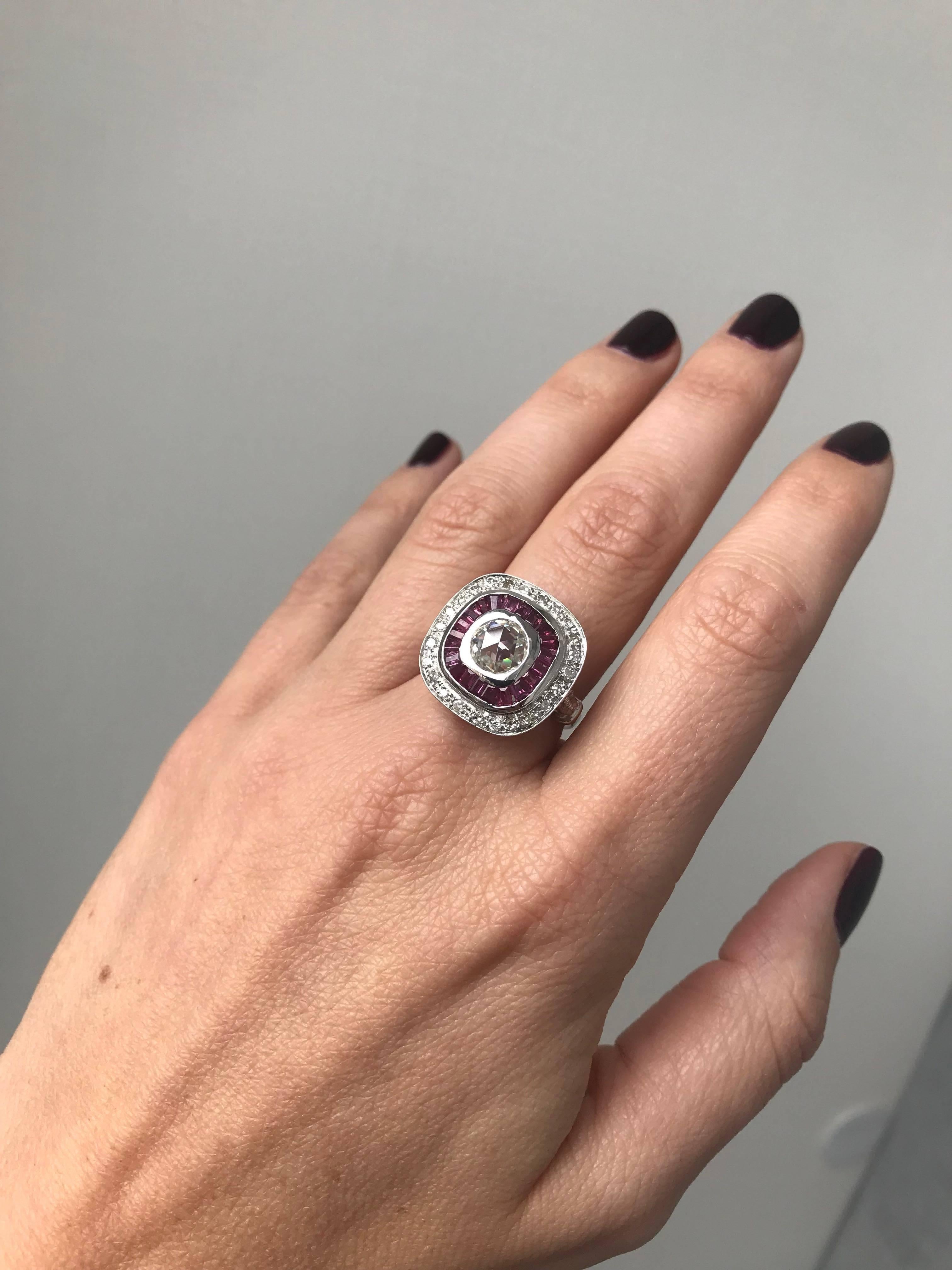 Women's 0.86 Carat Old Mine Cut Diamond Ruby Engagement Gold Ring