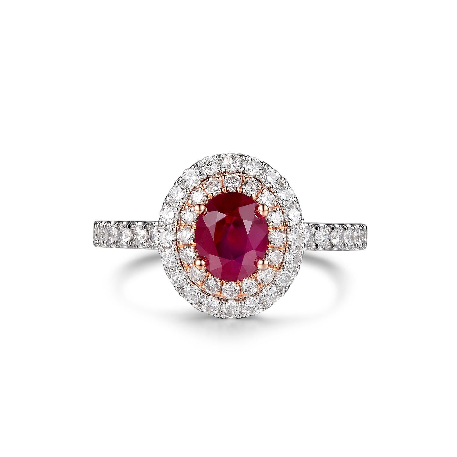 This ring features 0.80 carat of ruby in the center. A contemporary yet modern design. Assented with 0.52 carat of diamonds. There are 2 diamonds halo surrounded the center ruby. One halo is set in 18 karat rose gold and the outer diamond halo is