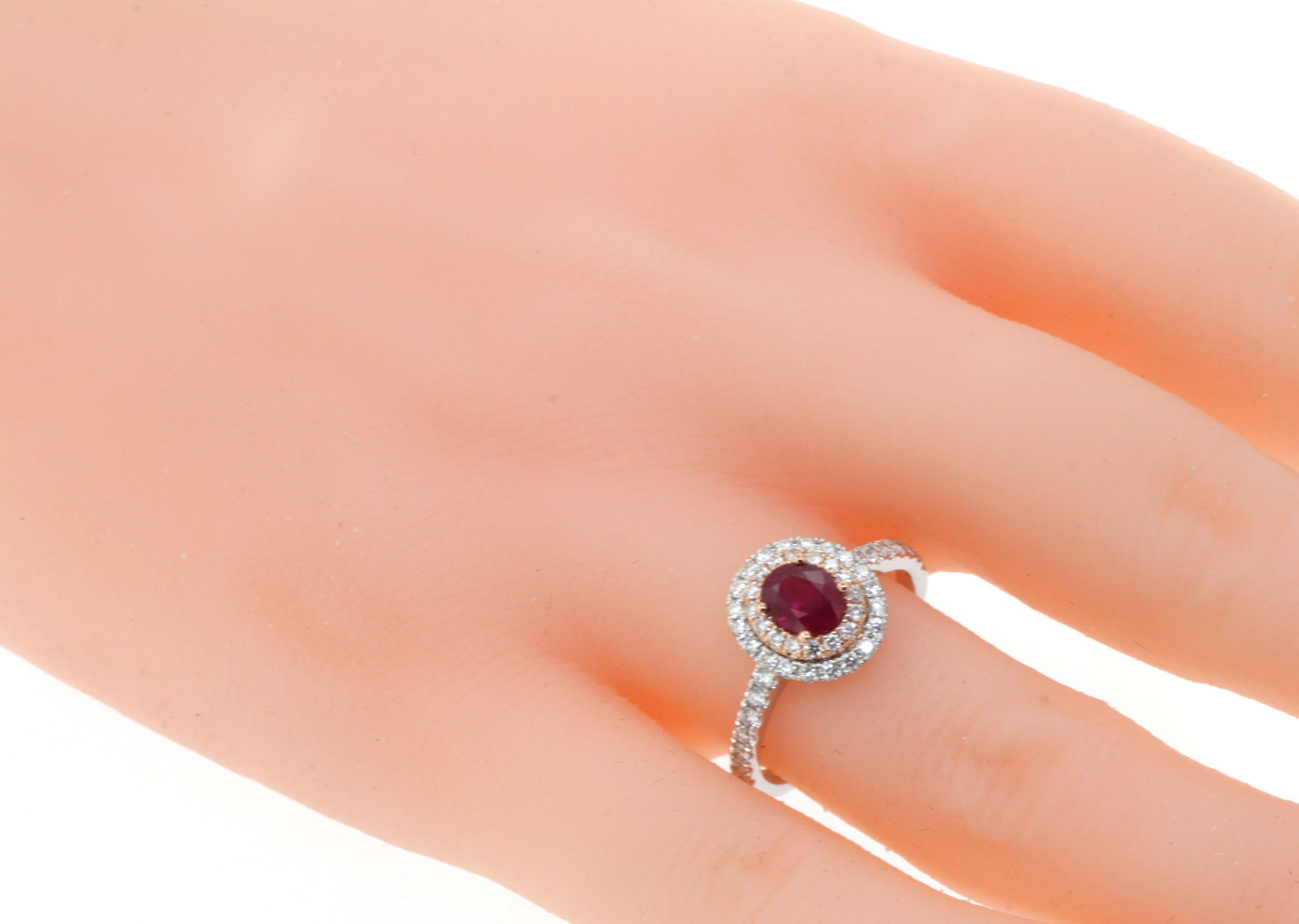 Contemporary 0.80 Carat Ruby Diamond Double Halo Ring in 18 Karat White and Rose Gold