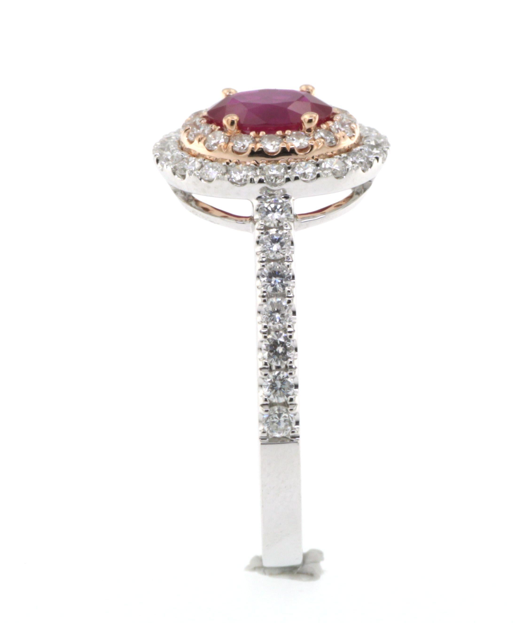 Oval Cut 0.80 Carat Ruby Diamond Double Halo Ring in 18 Karat White and Rose Gold