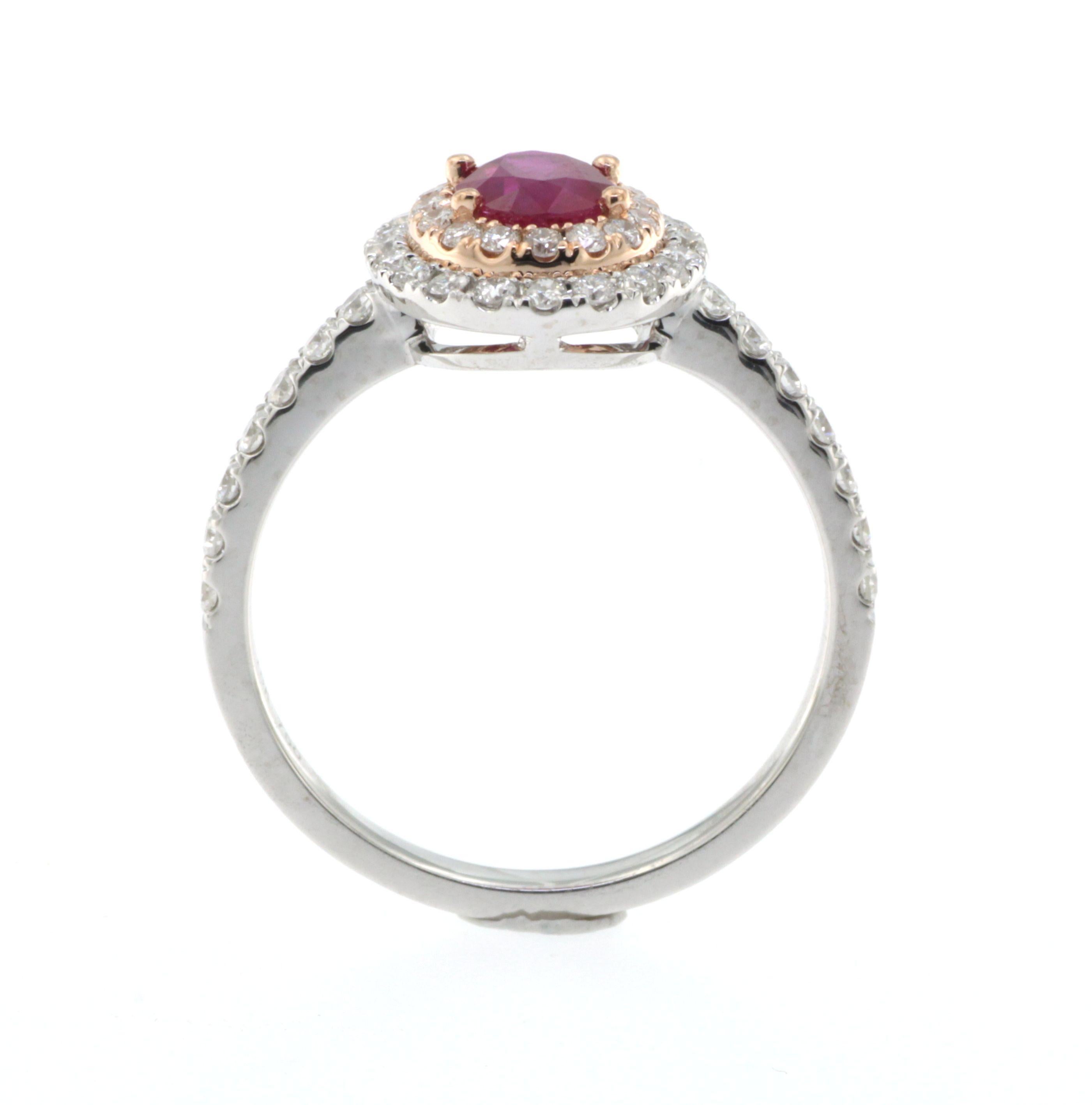 0.80 Carat Ruby Diamond Double Halo Ring in 18 Karat White and Rose Gold In New Condition In Hong Kong, HK