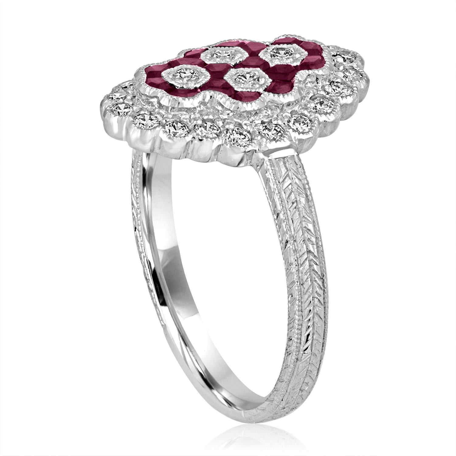 Art Deco Revival Style Ring.
The ring is 18K White Gold.
There are 0.50 Carats in Diamonds H SI.
There are 0.30 Carats in Rubies.
The ring is a size 6.75, sizable.
The ring measures 10/16