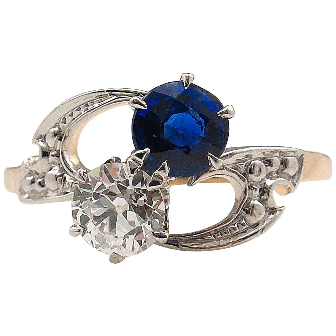 0.80 Carat Victorian Diamond Sapphire Crossover Wedding Yellow Gold Ring