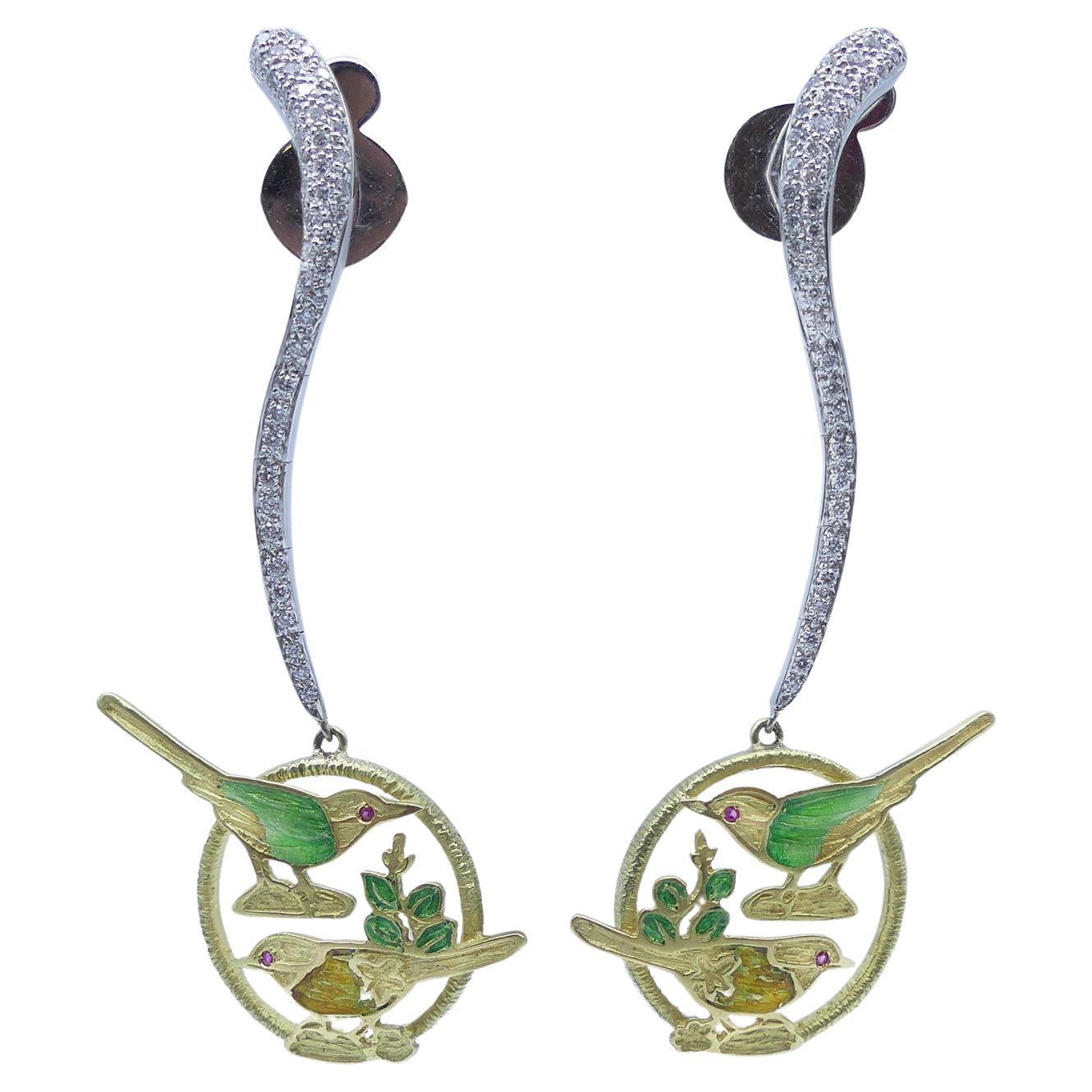 21st Century Leaves Birds Green Enamel Rubies Diamonds Drop White Gold Earrings For Sale