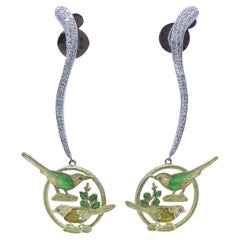21st Century Leaves Birds Green Enamel Rubies Diamonds Drop White Gold Earrings