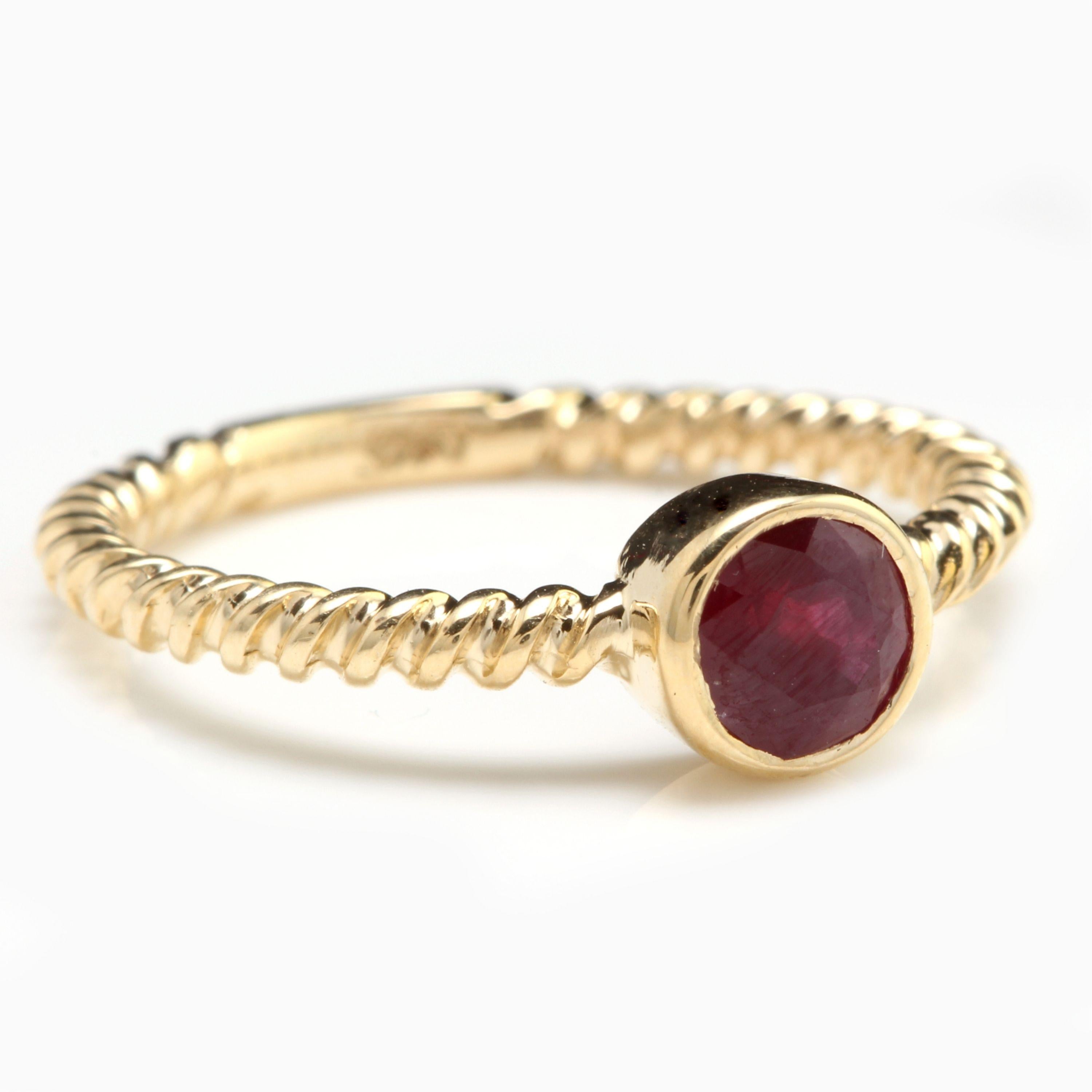0.80 Carats Exquisite Natural Ruby 14K Solid Yellow Gold Ring

Natural Round Ruby Weight is Approx. 0.80 Carats

Ruby Measures: Approx. 5.3mm

Ruby Treatment: Heating

Ring size: 7 (we offer free re-sizing upon request)

Ring total weight: 2.4