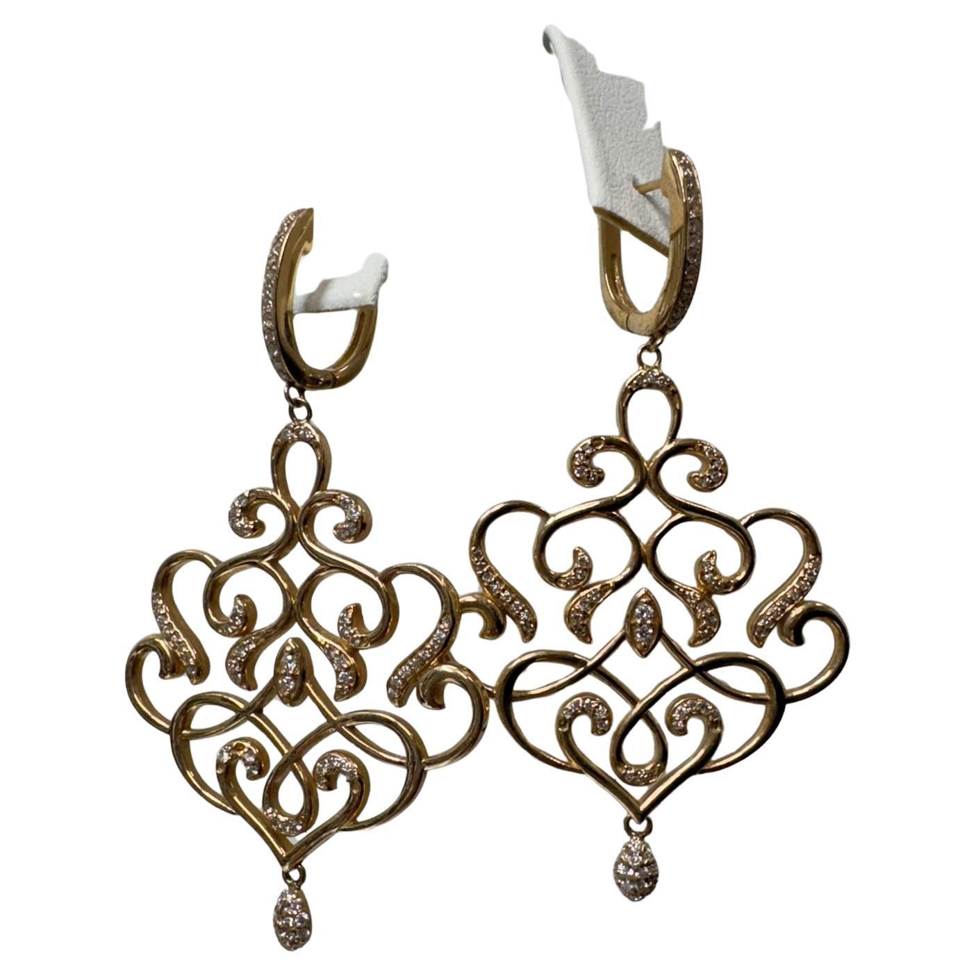0.80 Carats Round Diamonds 14K Yellow Gold Chandelier Earrings