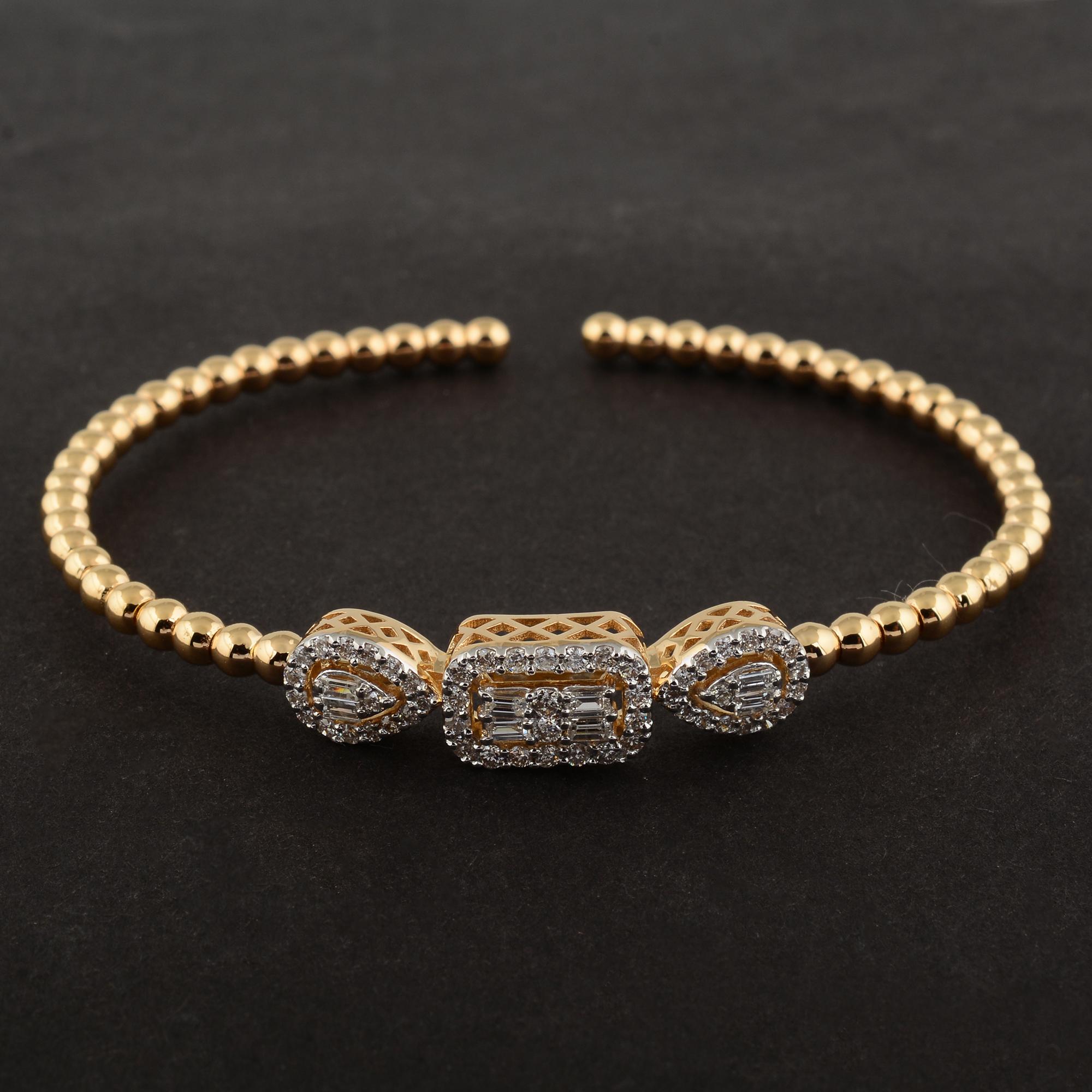 Women's 0.80 Ct Baguette Diamond Beaded Ball Cuff Bangle Bracelet 18 Karat White Gold For Sale