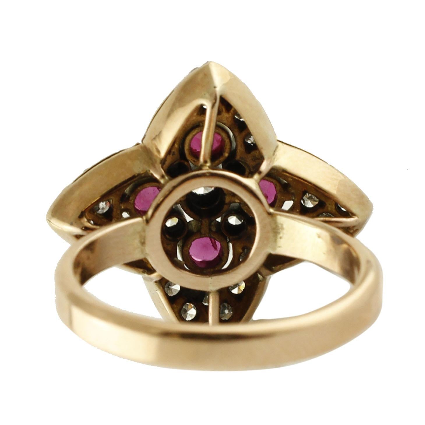 Retro Diamond, Ruby Rose and White Gold Flower Shape Fashion Retrò Ring For Sale